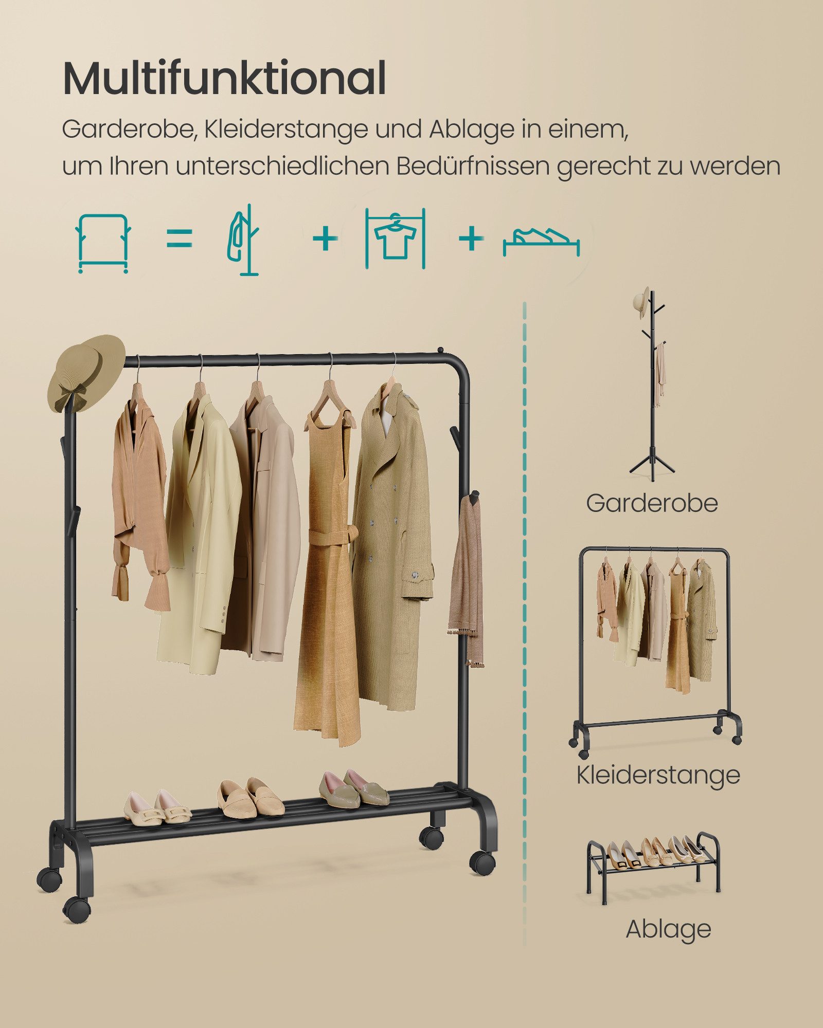 SONGMICS Kleiderständer Kleiderstange, Garderobenstange, Garderobenständer, 41 x 103,5 x 155cm, auf Rollen, Stahlrohren, bis 50kg belastbar, multifunktionale, schwarz