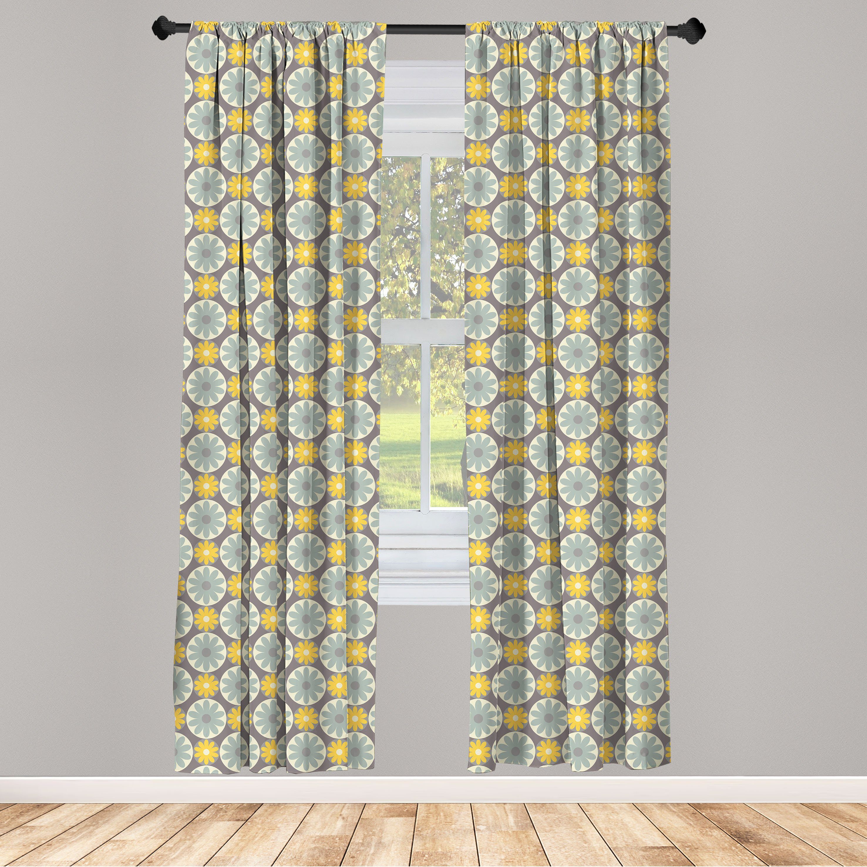 Gardine Vorhang für Wohnzimmer Schlafzimmer Dekor, Abakuhaus, Microfaser, Garten Blumen in Kreisrahmen