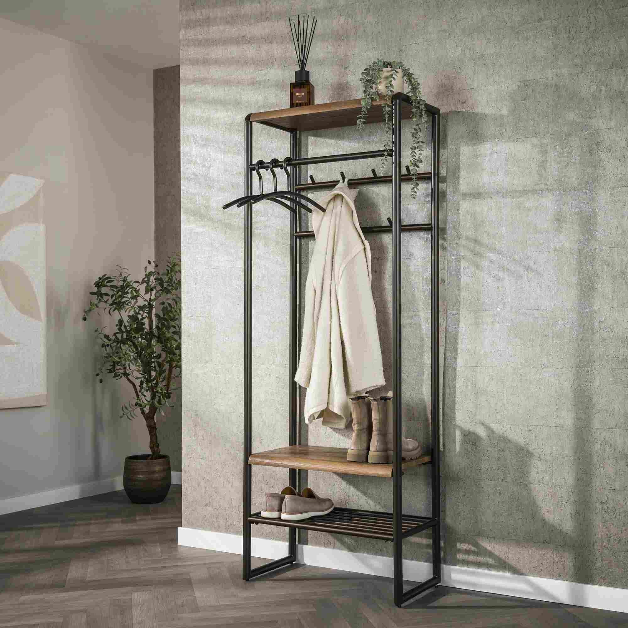 Feeling4Home Garderobe Onul 70 cm Metall Bronze mit Ablagen in Eichenoptik, Funktionales Design mit Stange und sieben Haken
