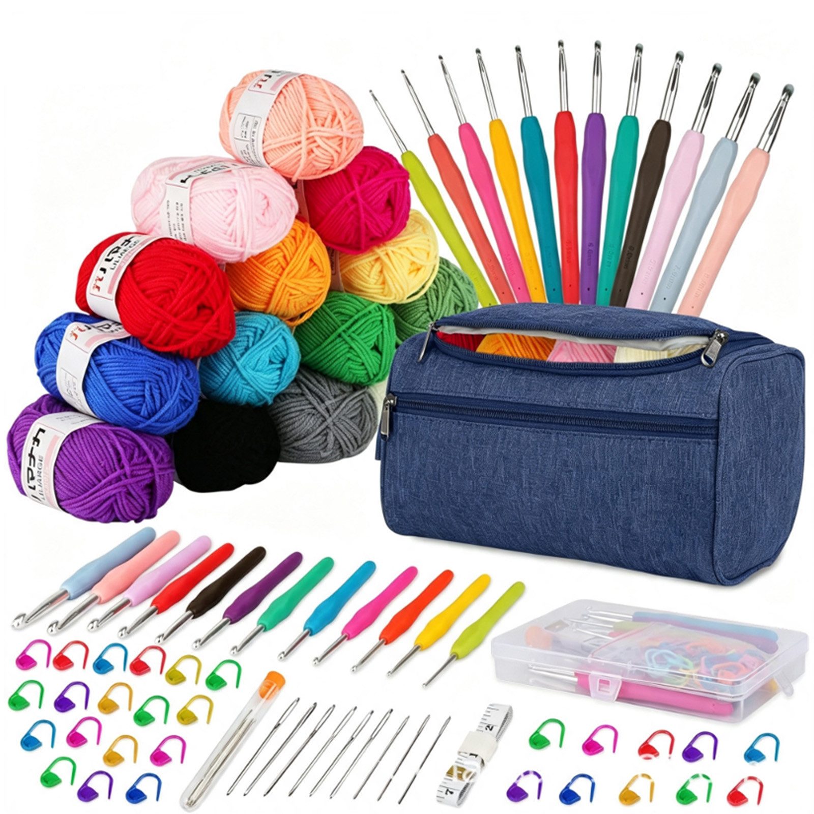 MOPUEA Häkelnadeln Häkelnadeln 69-teiliges für Anfänger mit Garn, Nadeln & Zubehör, Häkelset / DIY Strick- und Häkelzubehör Komplettset, Komplettes Häkelset mit 12 Häkelnadeln, Garn & Zubehör, Ergonomisch, anfängerfreundlich, tragbar, komplett, farbig