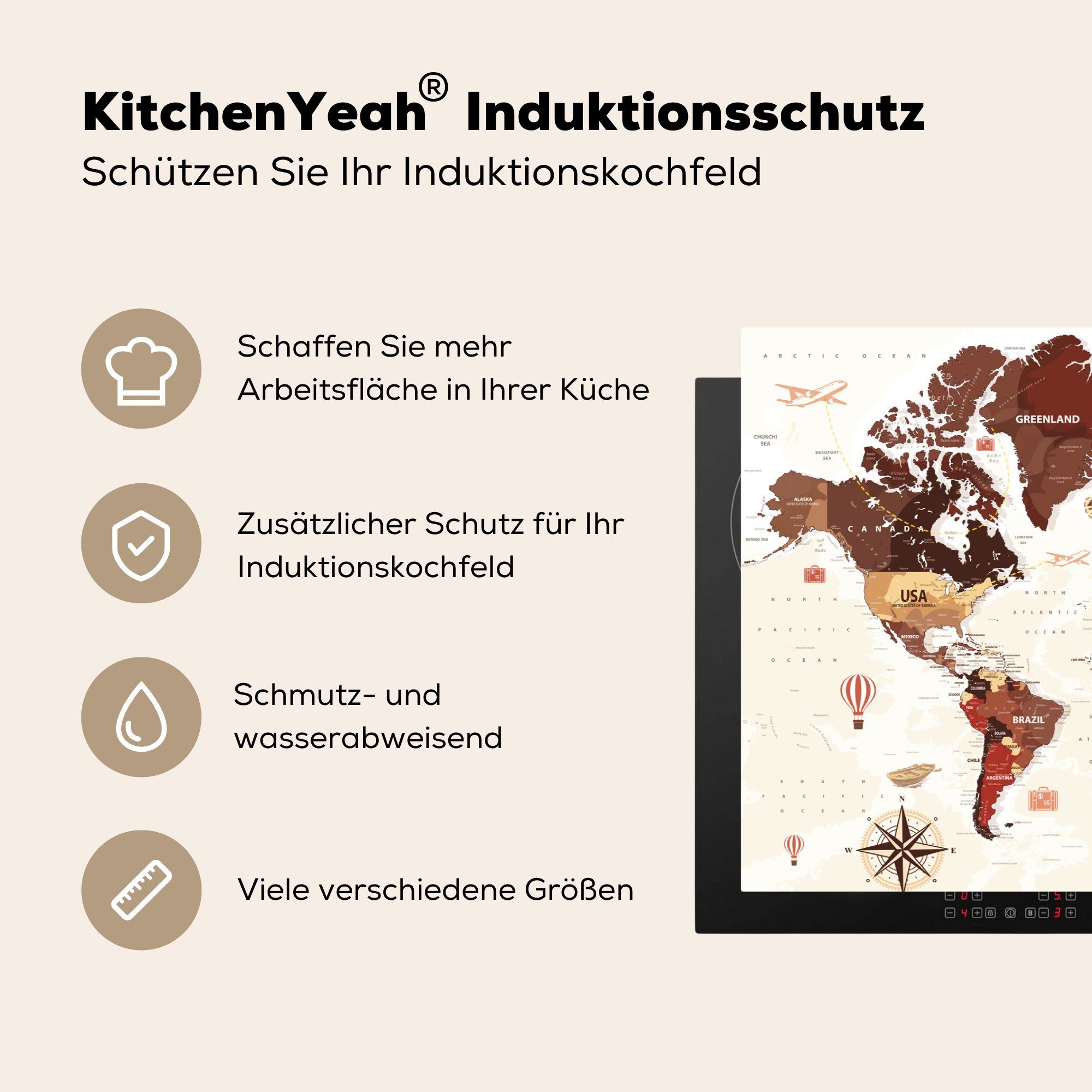 cm, Rot, küche, Induktionskochfeld die für - Schutz Ceranfeldabdeckung - Vinyl, (1 tlg), MuchoWow Braun Weltkarte Herdblende-/Abdeckplatte 81x52