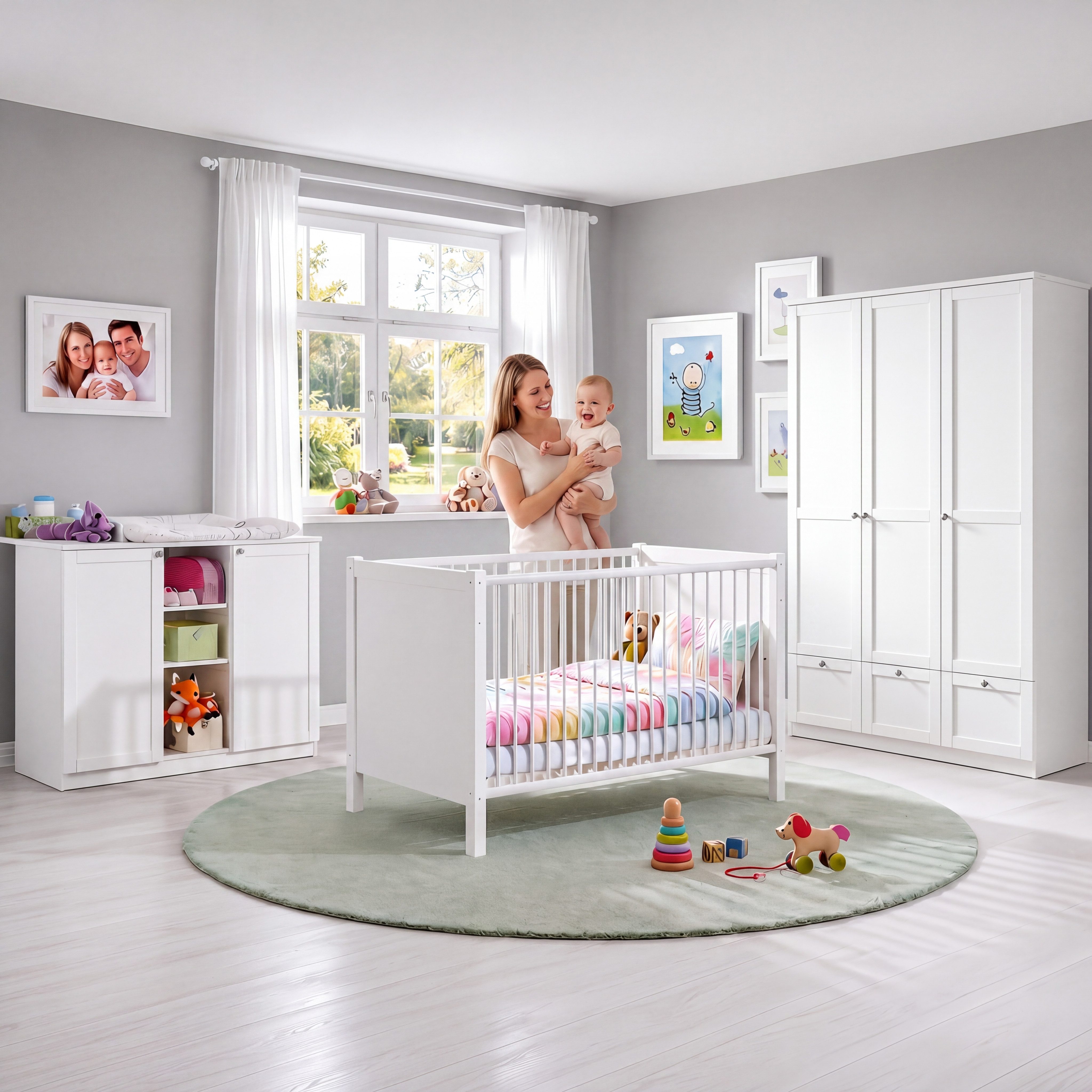 luma-home Babyzimmer-Komplettset 22804, (3-teilig – Babymöbel für Kinderzimmer mit Babybett 70x140 cm, Wickelkommode B122/H101/T75 cm, Soft-Close), 3-tür.Kleiderschrank m.Schubl. B135/H198/T58 Soft-Close, Landhaus Weiß