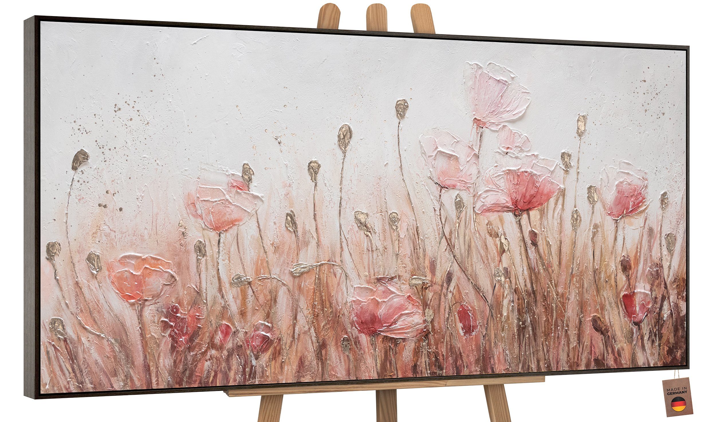 YS-Art Gemälde April, Blumen, Mohnblumen Rosa Flieder Leinwand Mit Rahmen in Grau