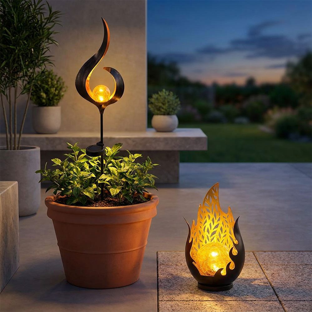 GLOBO LIGHTING LED Solarleuchte, LED-Leuchtmittel fest verbaut, Warmweiß, Solarlampe Außenlampe Gartendeko Flammen Design Erdspieß LED 2er Set