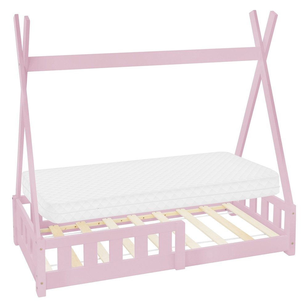 ML-DESIGN Spielbett Hausbett Tipi Zeltbett inkl. Lattenrost Bodenbett Kinder Himmelbett, Abenteuerbett mit Rausfallschutz Zelt Bett Kiefer Rosa Kinderhaus
