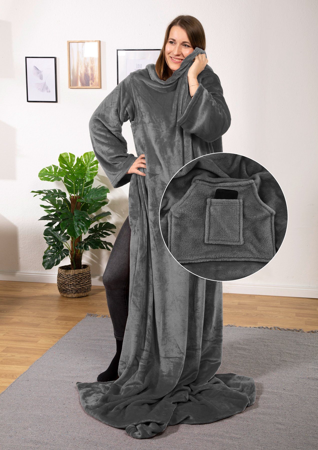Wohndecke tragbare Ganzkörperdecke Kuscheldecke Ärmeldecke, heimtexland, flauschige Ärmel Decke I Soft Flanell I Geschenk Wohlfühlen – Bild 2 von 5