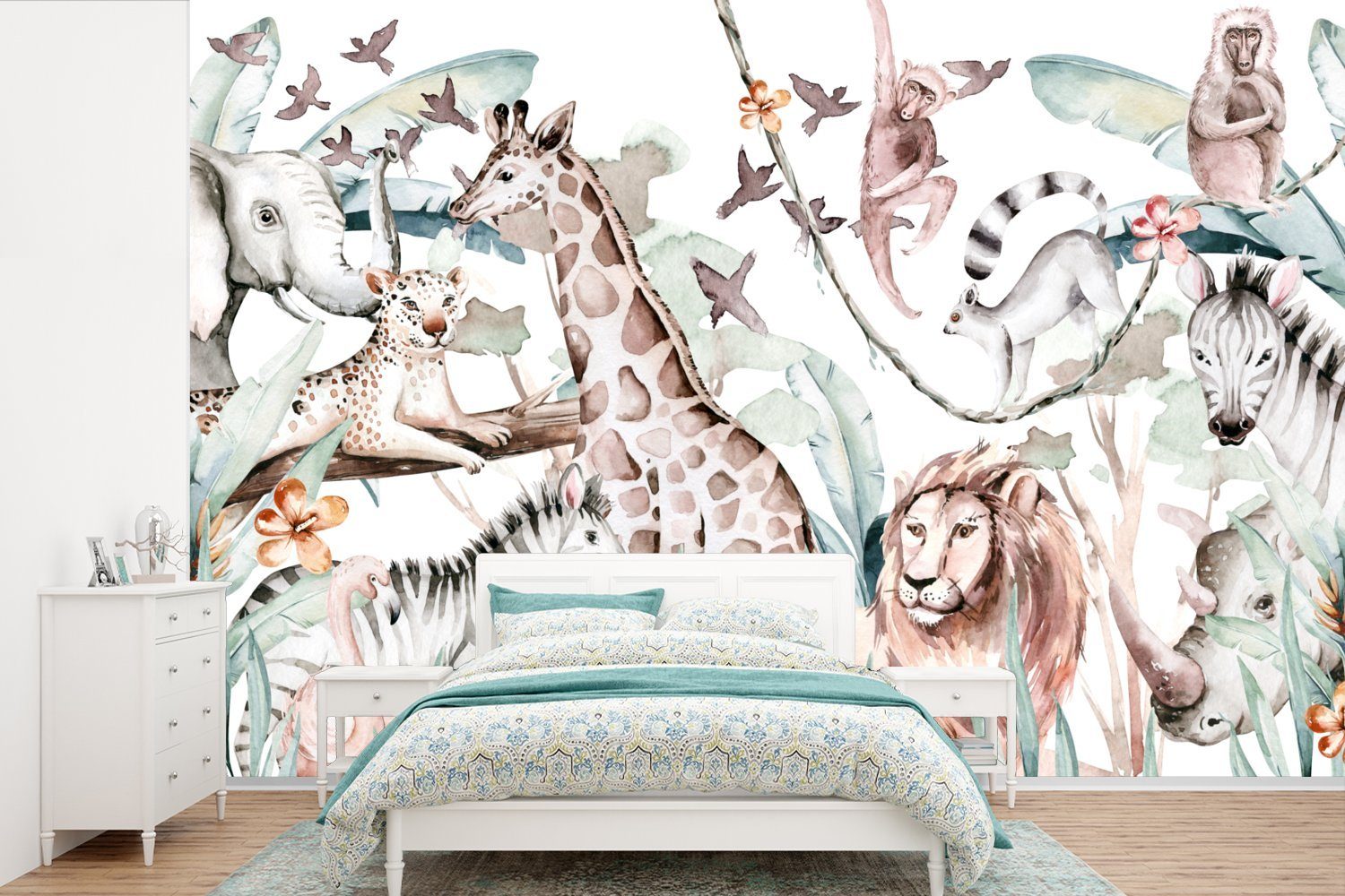 MuchoWow Fototapete Tiere Mädchen Kinderzimmer, Jungen (6 Aquarelle - -, Tapete - Wohnzimmer, Pflanzen St), bedruckt, Pastell - - Wallpaper - - Matt, Schlafzimmer, Vinyl für Kinder