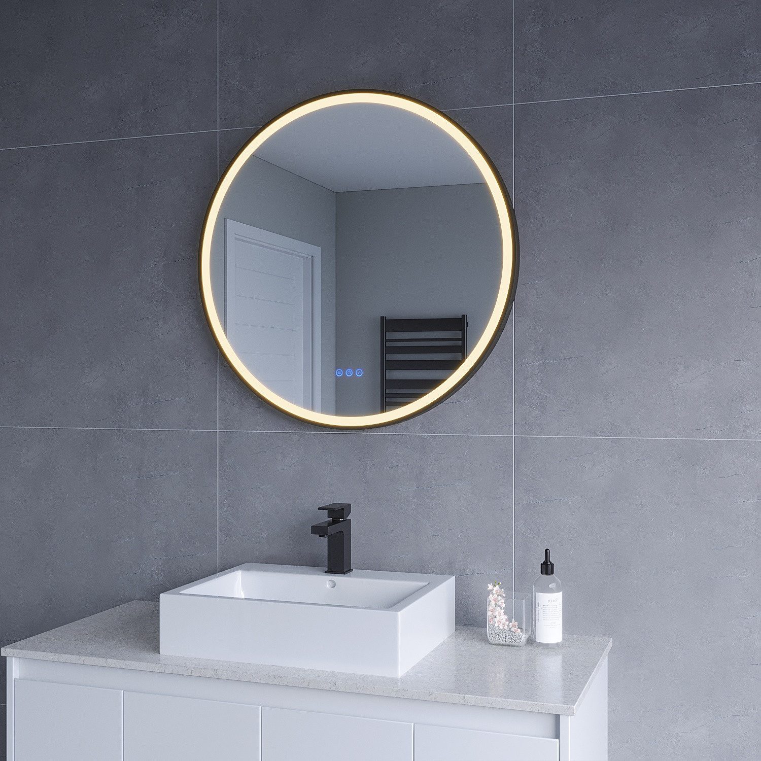 AQUALAVOS LED-Lichtspiegel Runder Badspiegel mit Beleuchtung Ø60/80 cm Alurahmen IP44 Wandmontage, Anti-Beschlag Memory-Funktion IP44 Farbwiedergabeindex (CRI) > 90