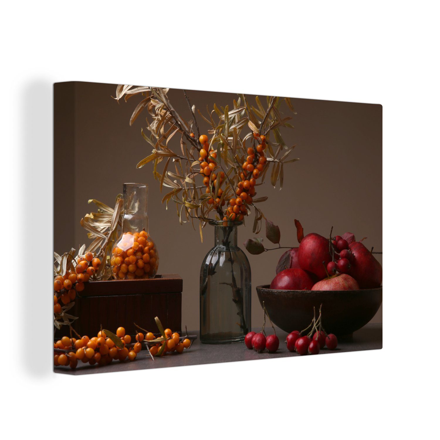OneMillionCanvasses® Leinwandbild Obst - Vase - Stilleben, (1 St), Wandbild Leinwandbilder, Aufhängefertig, Wanddeko, 30x20 cm