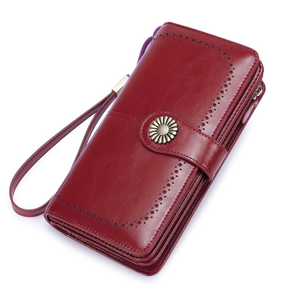 Mnöpf Brieftasche Damen Leder Brieftasche mit Reißverschluss,mehrere Fächer Vintage lang Rot