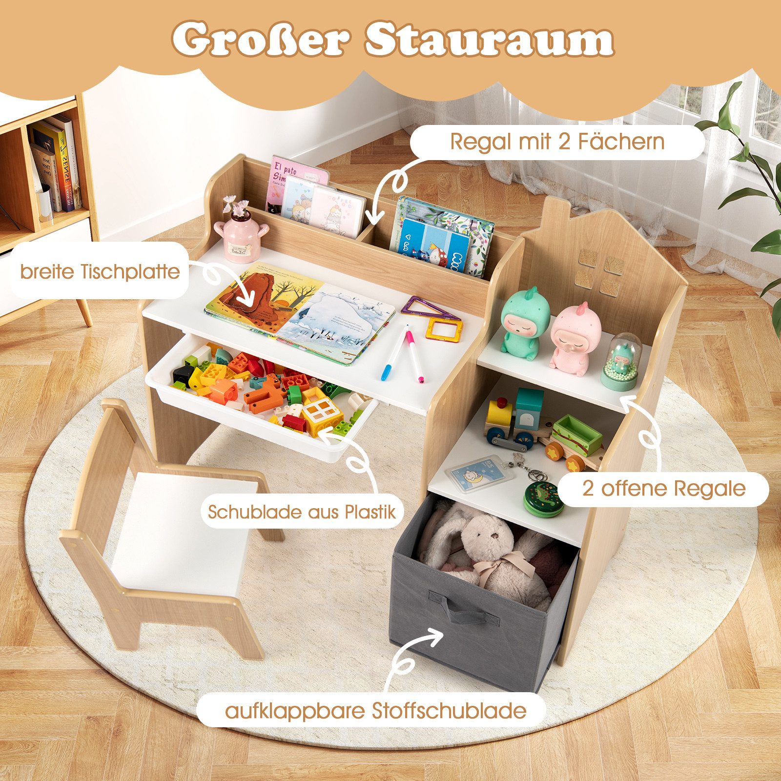 COSTWAY Kinderschreibtisch (2-St), mit Stuhl, Schülertisch mit Stauraum, Schublade