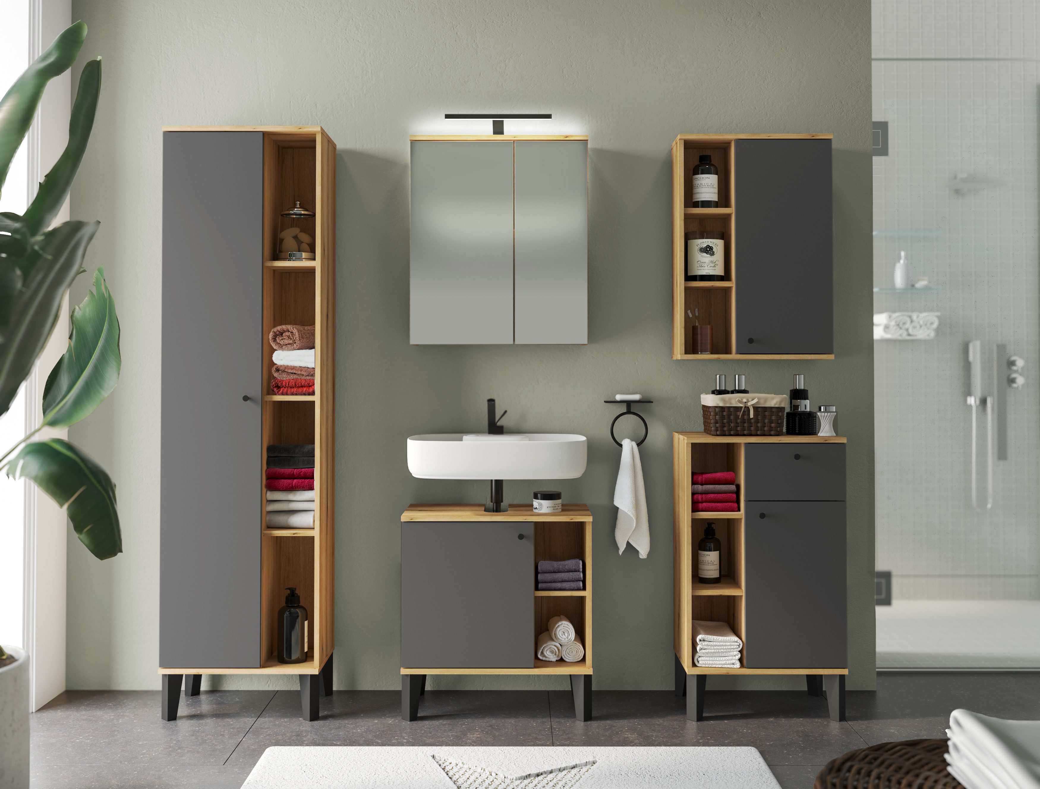 Home affaire Badmöbel-Set OSLO, Bad im skandinavischen Design, 5-teiliges Badezimmer, (Set, 5-St), Badschränke und Spiegel, in zwei Farben verfügbar, viel Stauraum