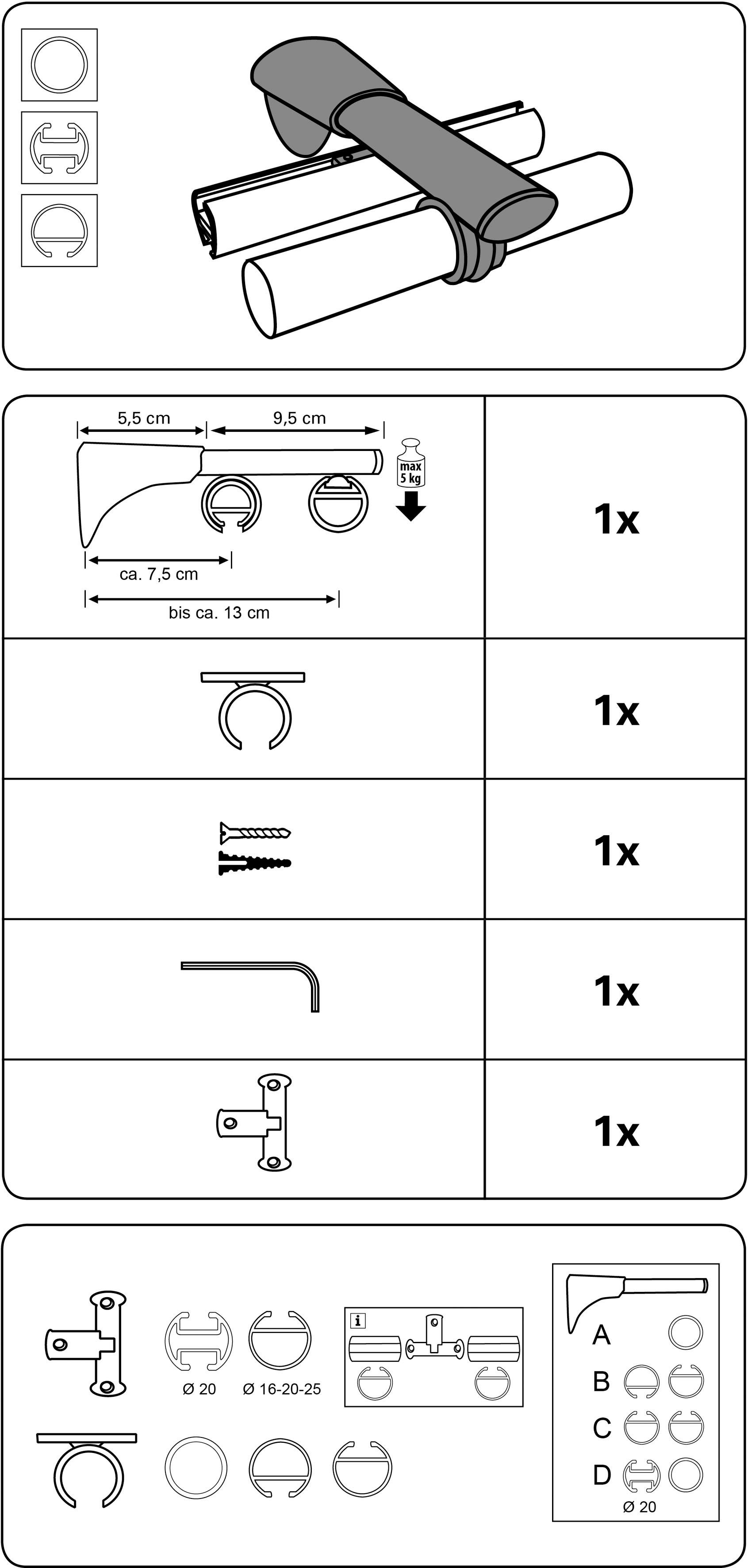 schwarz/matt Serie Einzelprogramm Ø Wandträger 20 Gardinenstangen, mm Universal Chicago Träger (1-St), GARDINIA, für