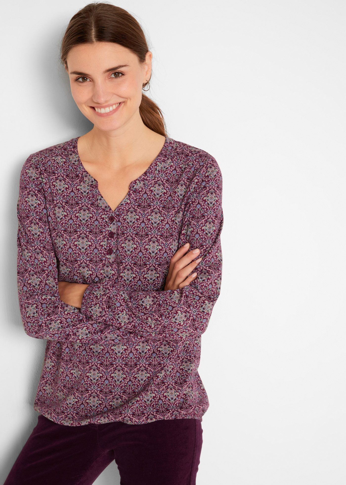 bonprix Tunikashirt Loose Fit Passform, Langarm-Design, aus Baumwolle und Viskose