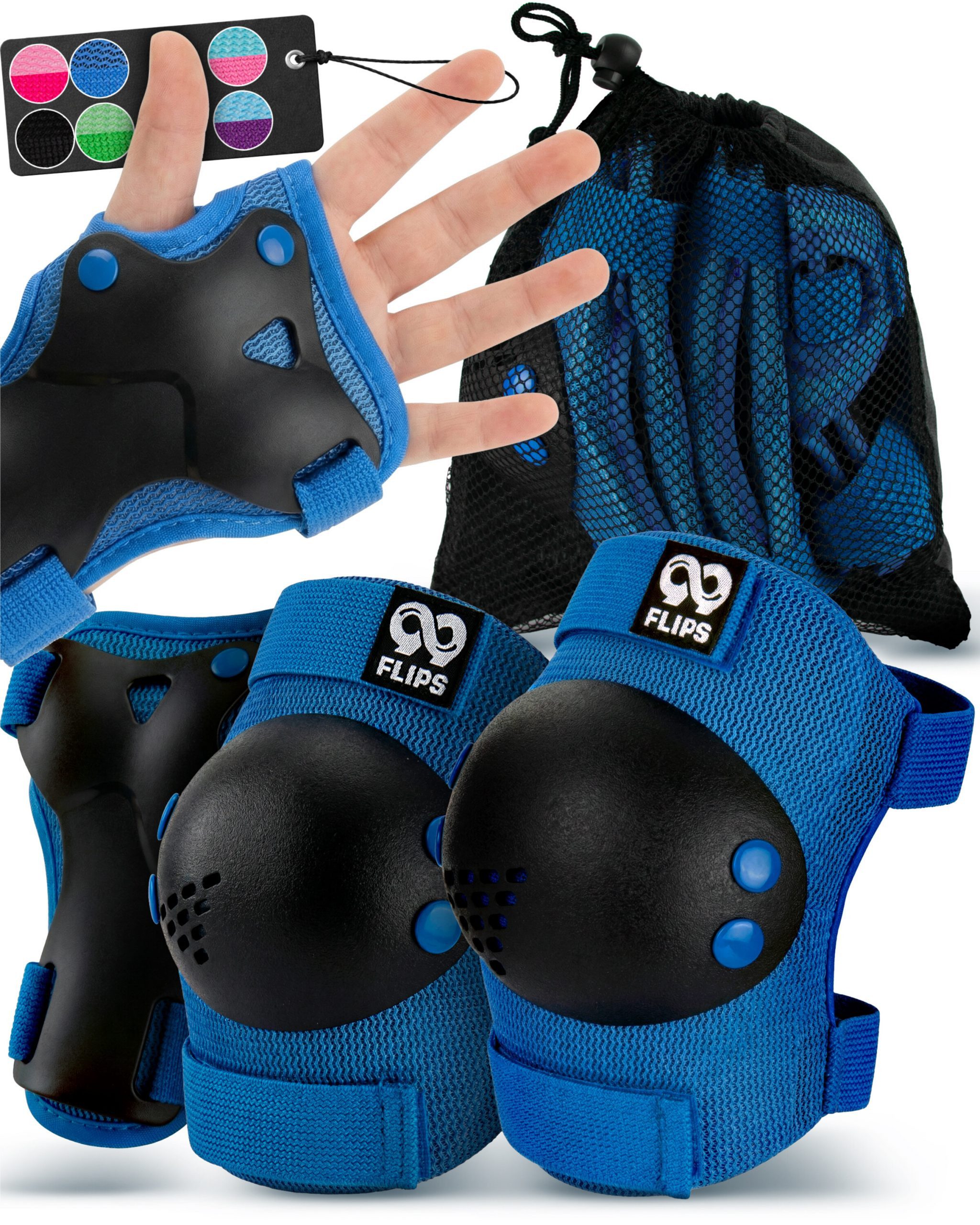 99FLIPS Protektoren-Set RISE Schoner Set Kinder für Skateboard und Inline Skaten (Inliner Schützer Set Kinder, 7-tlg., Inliner Schoner Knie-, Ellenbogen und Handgelenkschützer & Tragebeutel), Deutsche Marke