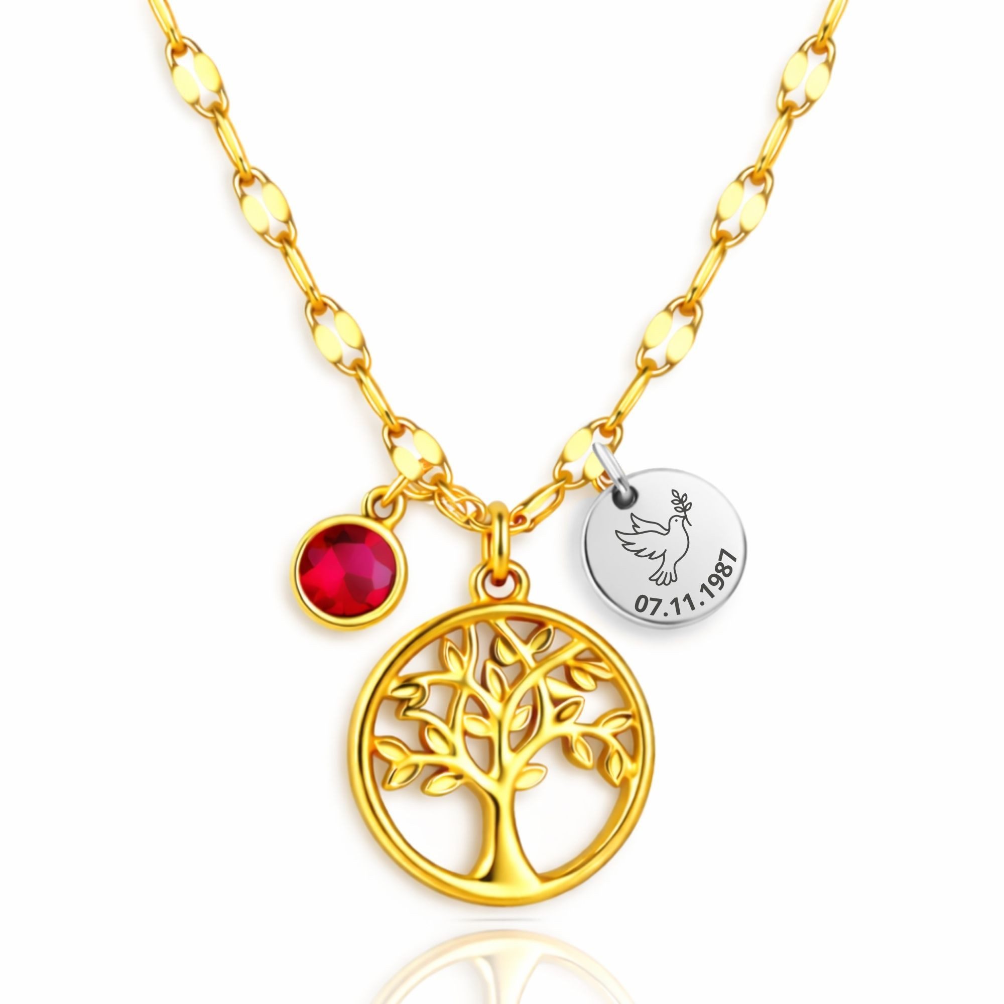 BS Schmuckdesign Kette mit Anhänger mit Gravur Personalisierte Halskette Damen Lebensbaum mit Geburtsstein Gravur (inkl. Gravur), personalisiert inkl. Geschenkbox