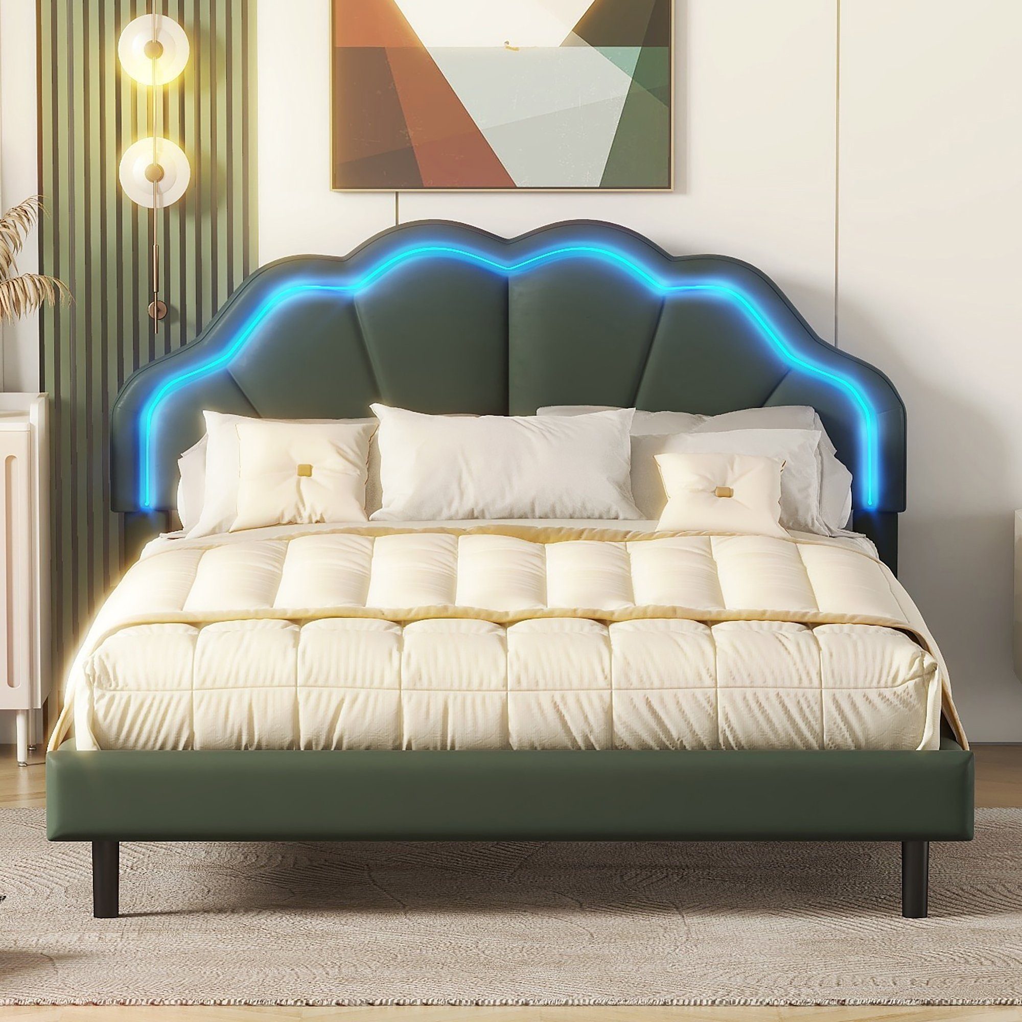 OKWISH 140*200cm), Polsterbett grün flächiges Doppelbett und Schwebebett Kopfteildesign mit Bett ohne Rahmen, Matratze LED-Leuchten Funktionsbett Doppelbett-Gästebett, (Gepolsterter