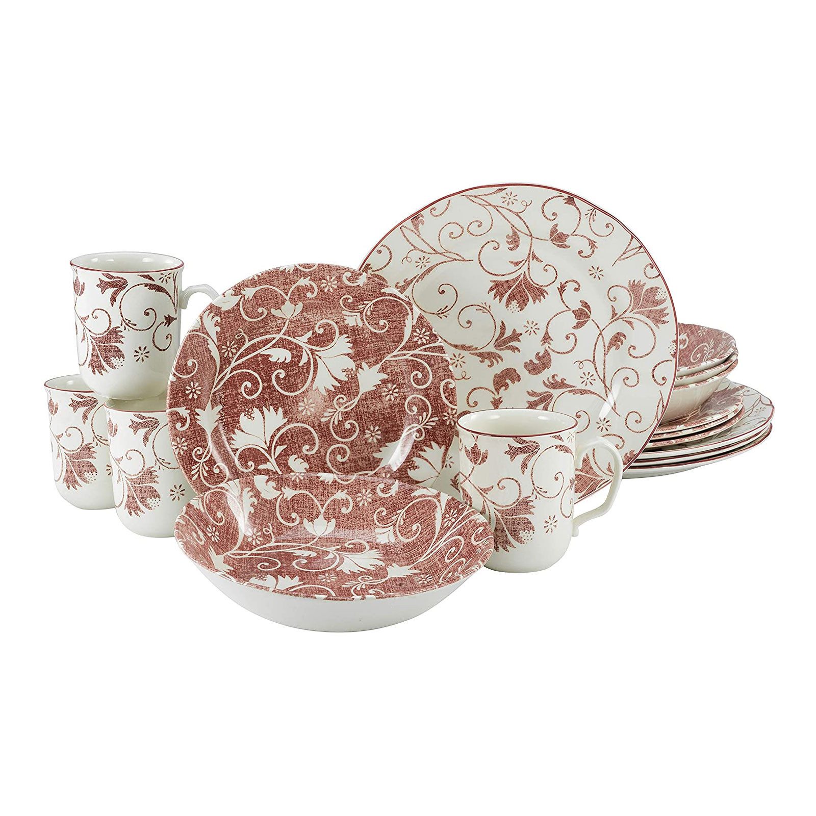 CreaTable Tafelservice CreaTable 22257 Serie Damask rot Kombiservice 16 teilig (16-tlg), 4 Personen, Steingut