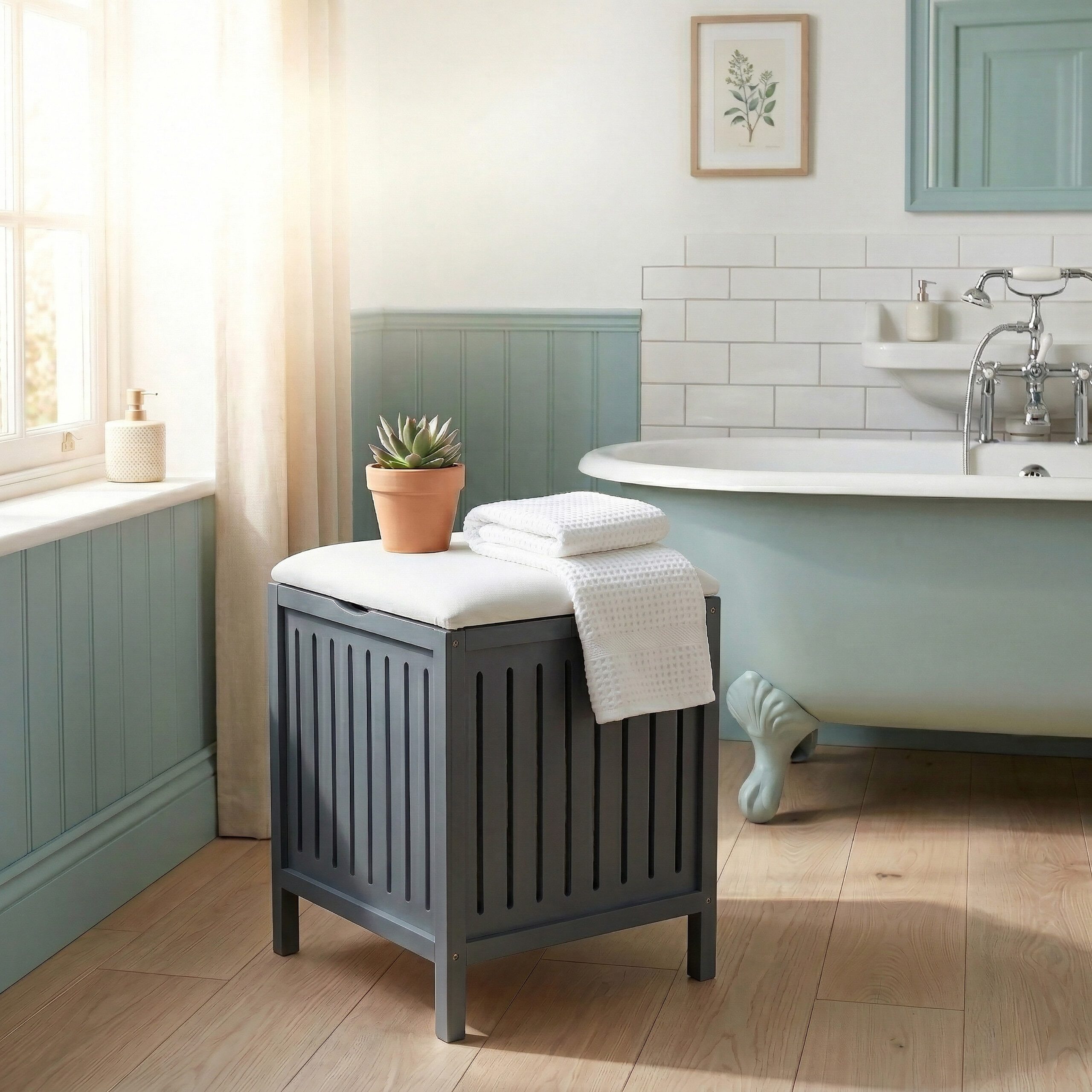 relaxdays Wäschebox Wäschekorb zum Sitzen Walnussholz, Grau-Weiß
