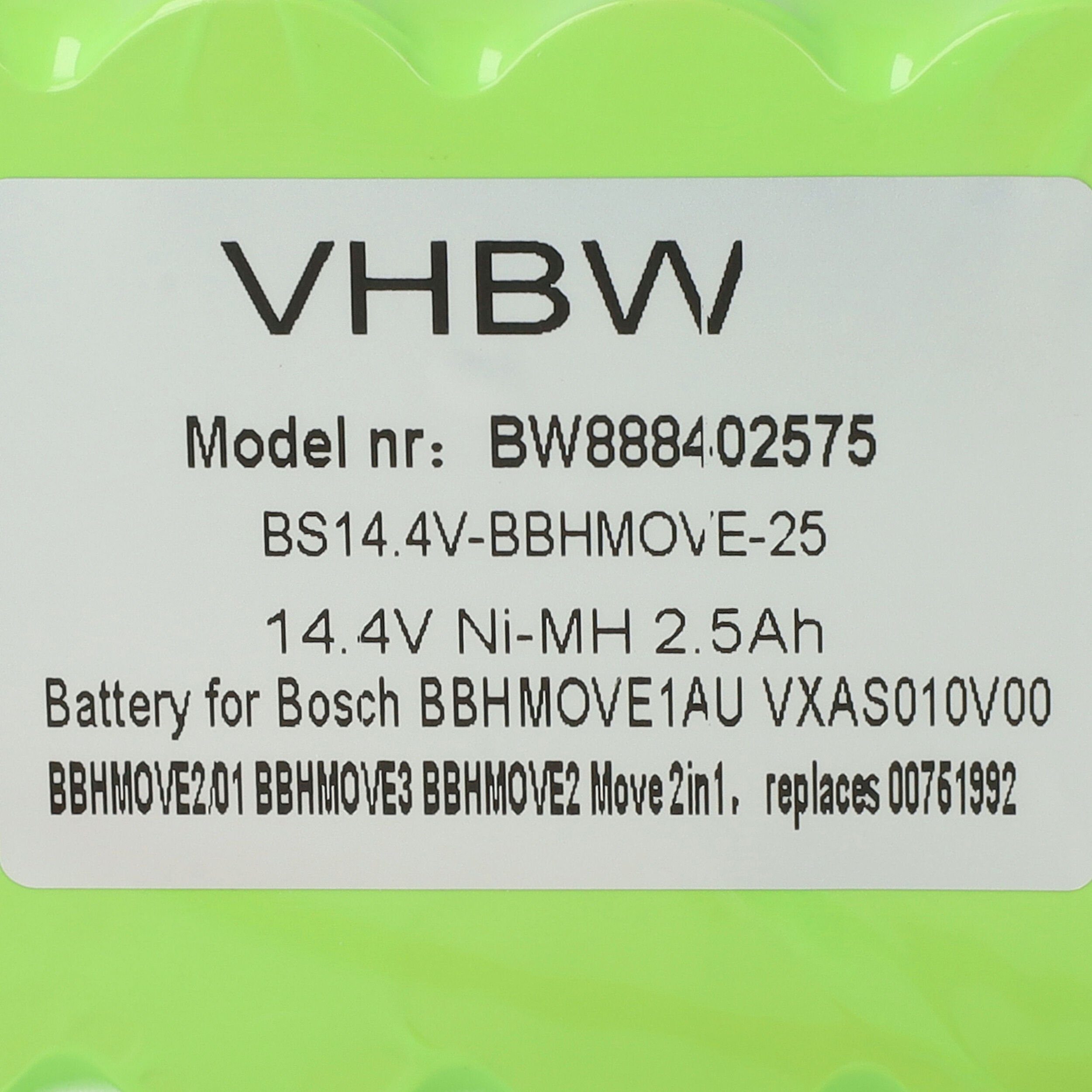 Move NiMH vhbw V) mAh 2500 kompatibel Bosch BBHMOVE3AU/03 mit (14,4 BBHMOVE3N/01, Staubsauger-Akku