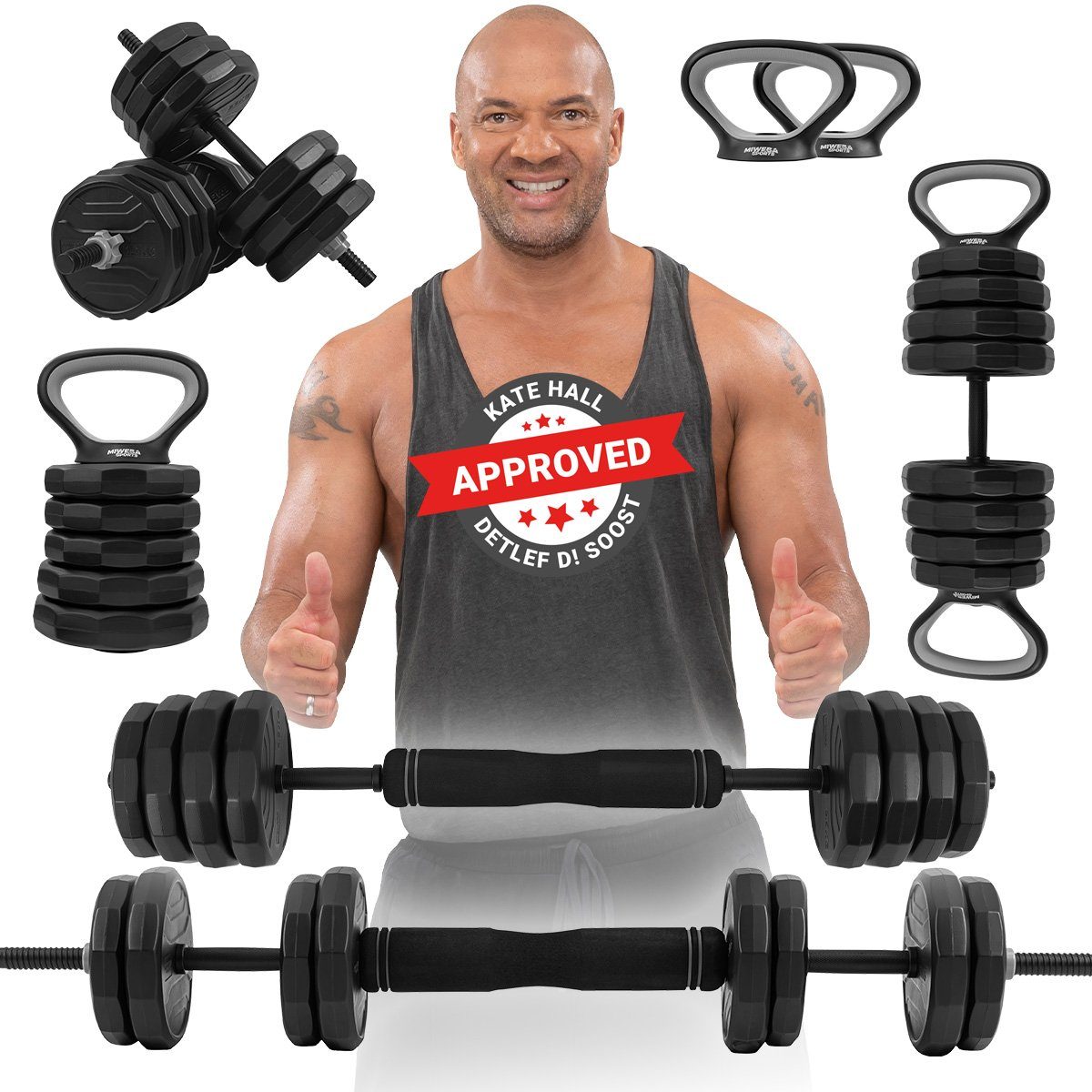 Miweba Sports Hantel-Set verstellbares 6in1 Hantel Set - 25 kg, (Liegestützgriffe - Kurzhanteln - Langhantel - Kettlebell - Multifunktionshantel - Krafttraining - Muskelaufbau - Workout - Training - Kurzhantelset - Hantel komplett Set, 6 Hantel Konstellationen, Sternverschluss, Anti-Rutsch-Griff, Stahl), Fitness Sport Hantel Set Hantelscheiben Fitnesshanteln Gewichte | Hantelsets