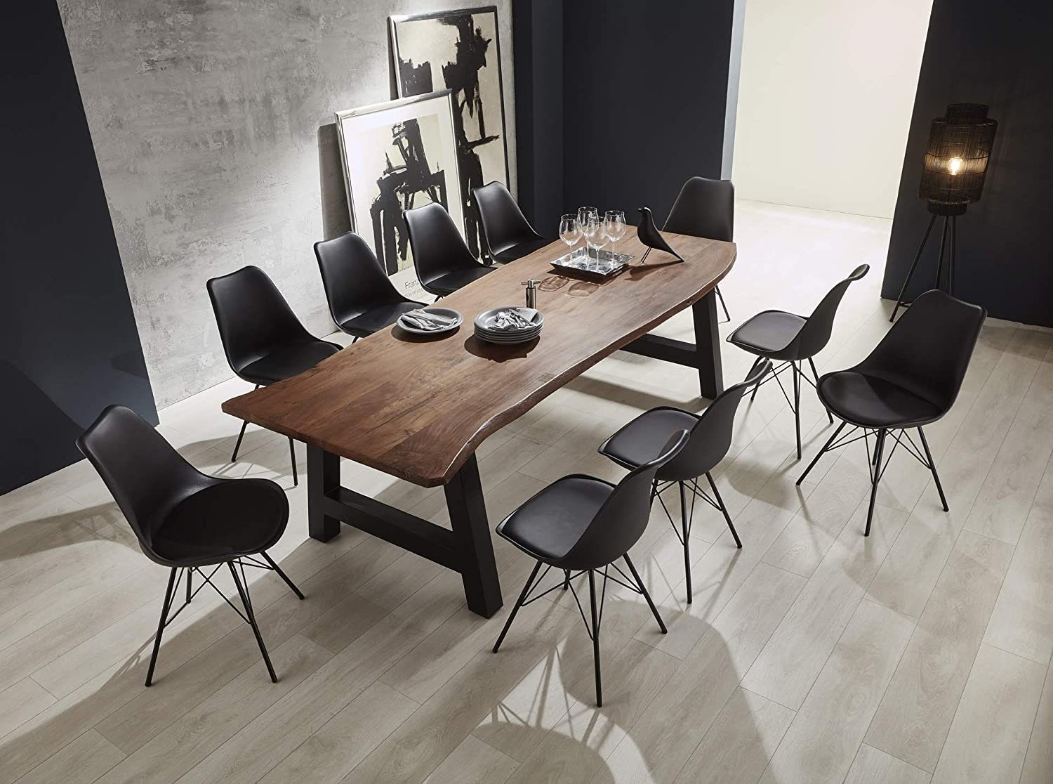 SAM® Essgruppe Florina, 11tlg. mit Baumkante, Akazienholz, Metallgestell U-Form + 10 Stühle nussbaumfarben