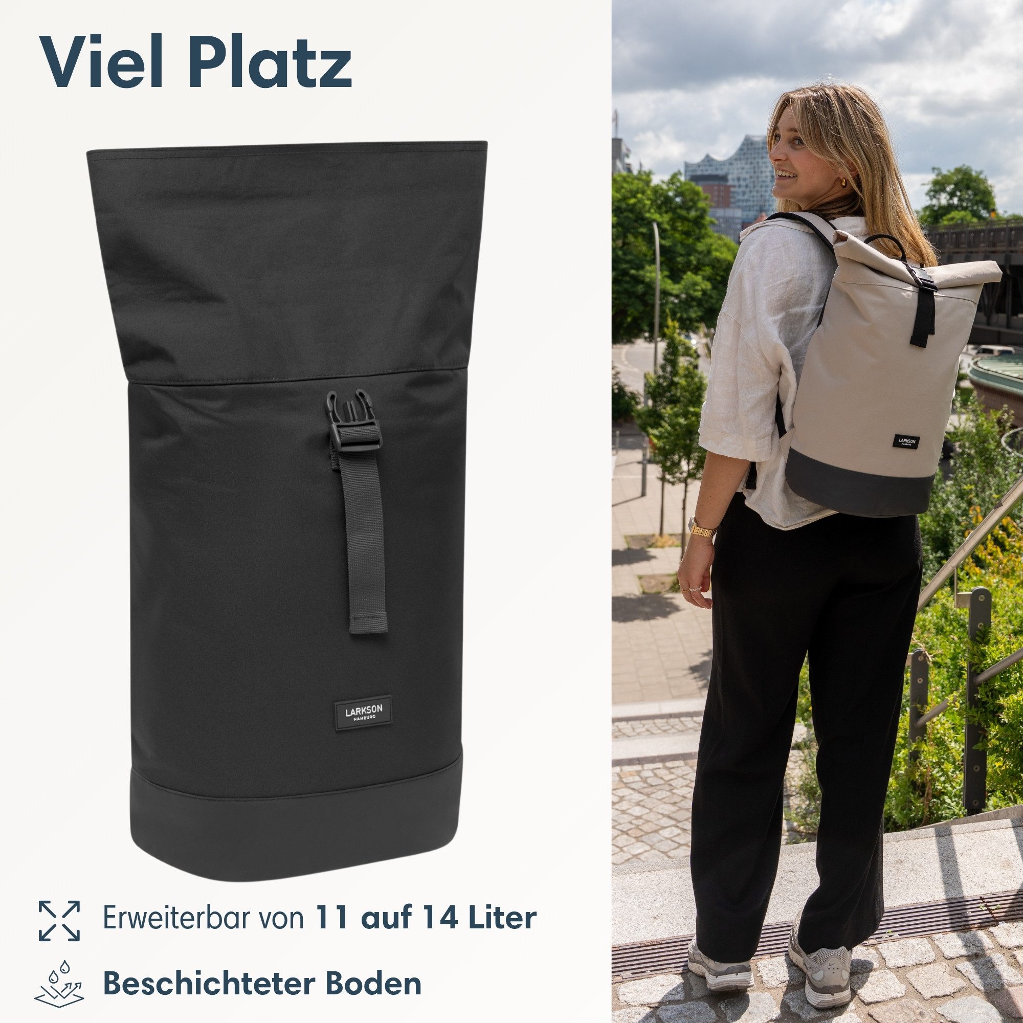 LARKSON Cityrucksack Janne Small Tagesrucksack 11-14 Liter für Damen & (1-tlg), Flexible Größe, Gepolstertes Laptopfach, Wasserabweisend