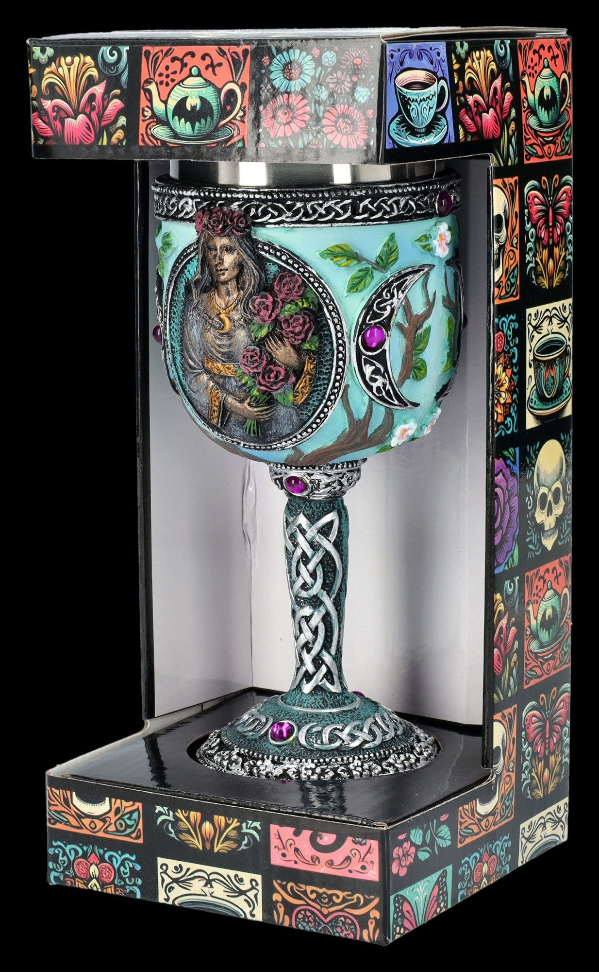 Figuren Shop GmbH Becher Ritual Kelch – Dreifache Göttin Jungfrau Altar Deko 18cm Weinkelch, Kunststein (Polyresin), Edelstahl