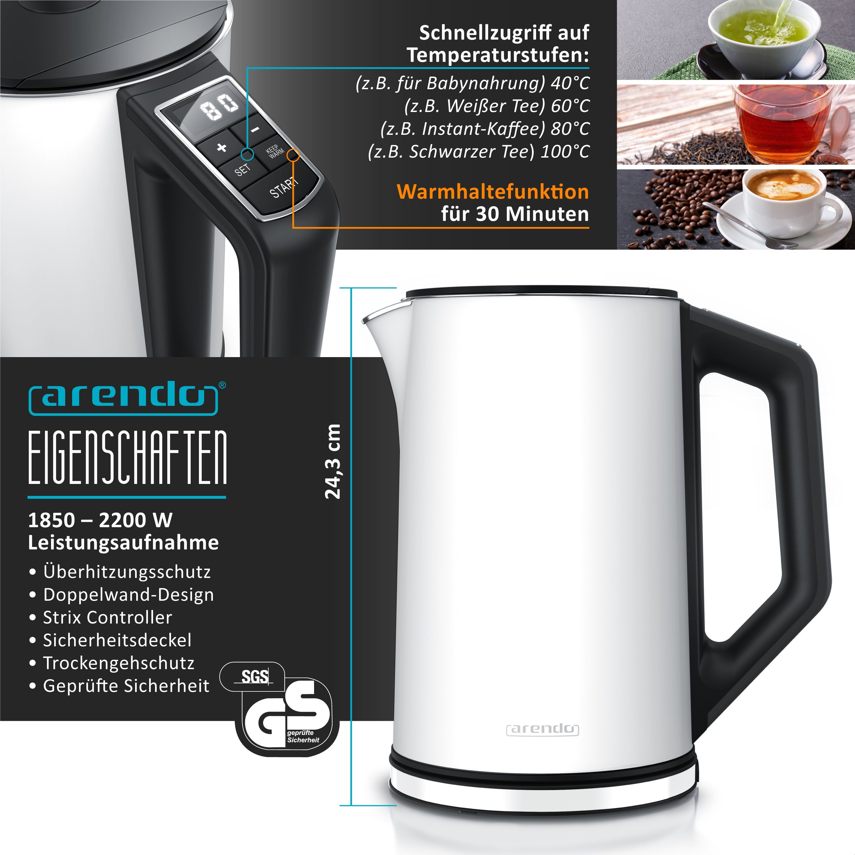 Arendo Frühstücks-Set (3-tlg), Wasserkocher 1,5l / 2-Scheiben Toaster / Eierkocher, Edelstahl, Weiß