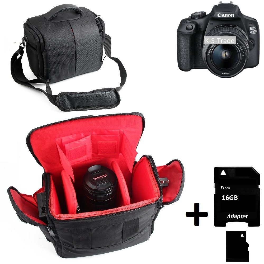 K-S-Trade Kameratasche, Kompatibel mit Canon EOS 2000D Kameratasche  Fototasche Umhängetasche Schultertasche Zubehör Tasche mit Zusatzfächern,  Regenschutz Trennwänden + 16GB Speicherkarte, schwarz -