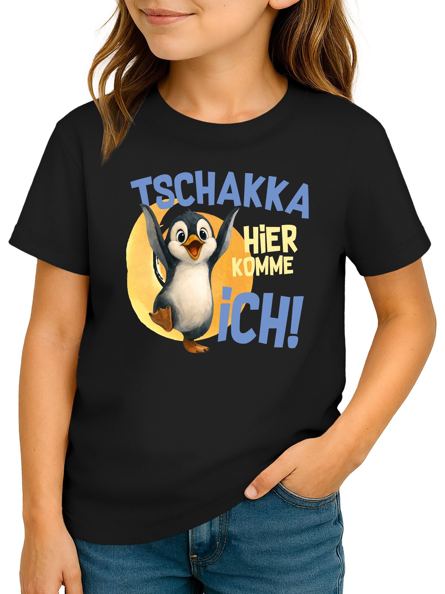 Print-Shirt Kinder T-Shirt Pinguin Print Aufdruck Spruch lustig Tschakka hier