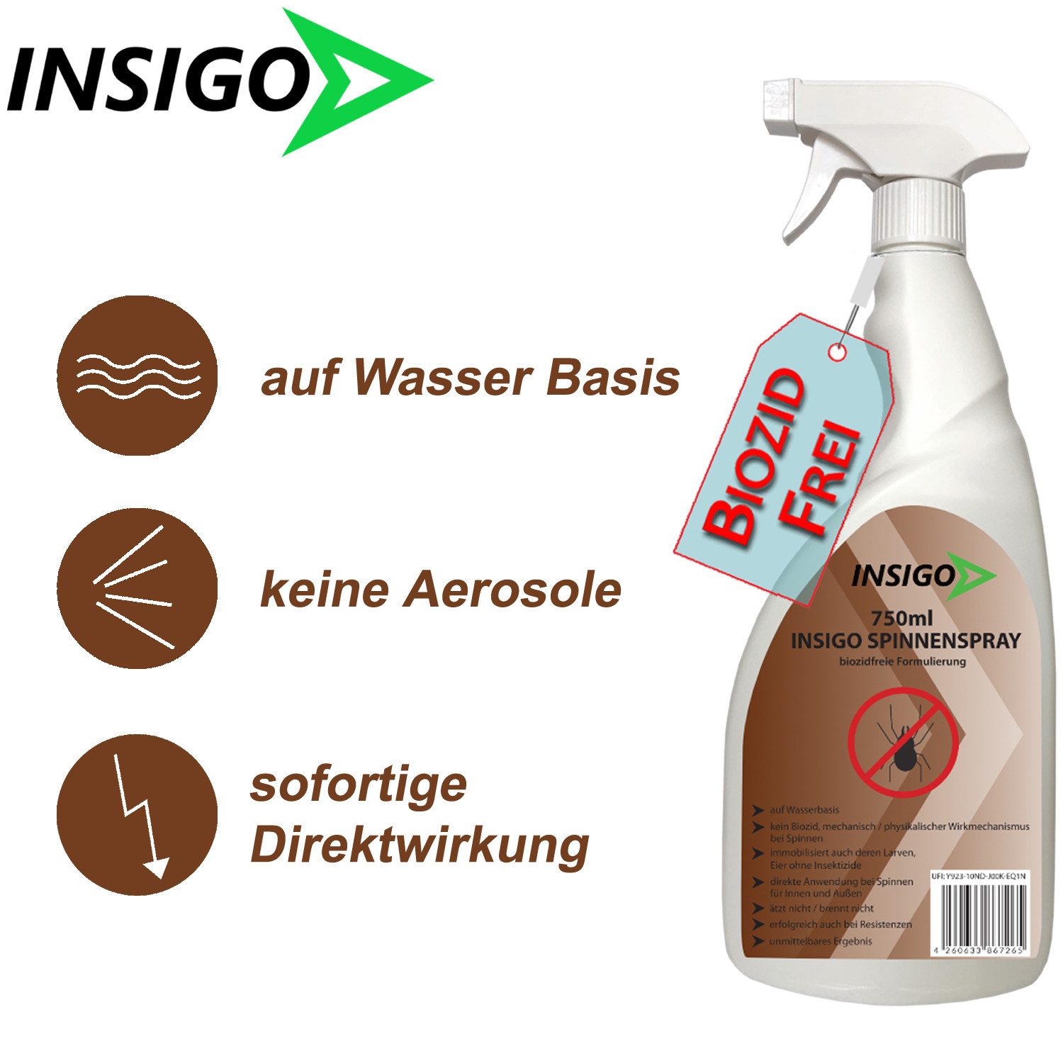 INSIGO Insektenspray Spinnen-Spray Hochwirksam gegen Spinnen, 0.75 l, biozidfreie Formel, auf Wasserbasis, geruchsarm, brennt / ätzt nicht
