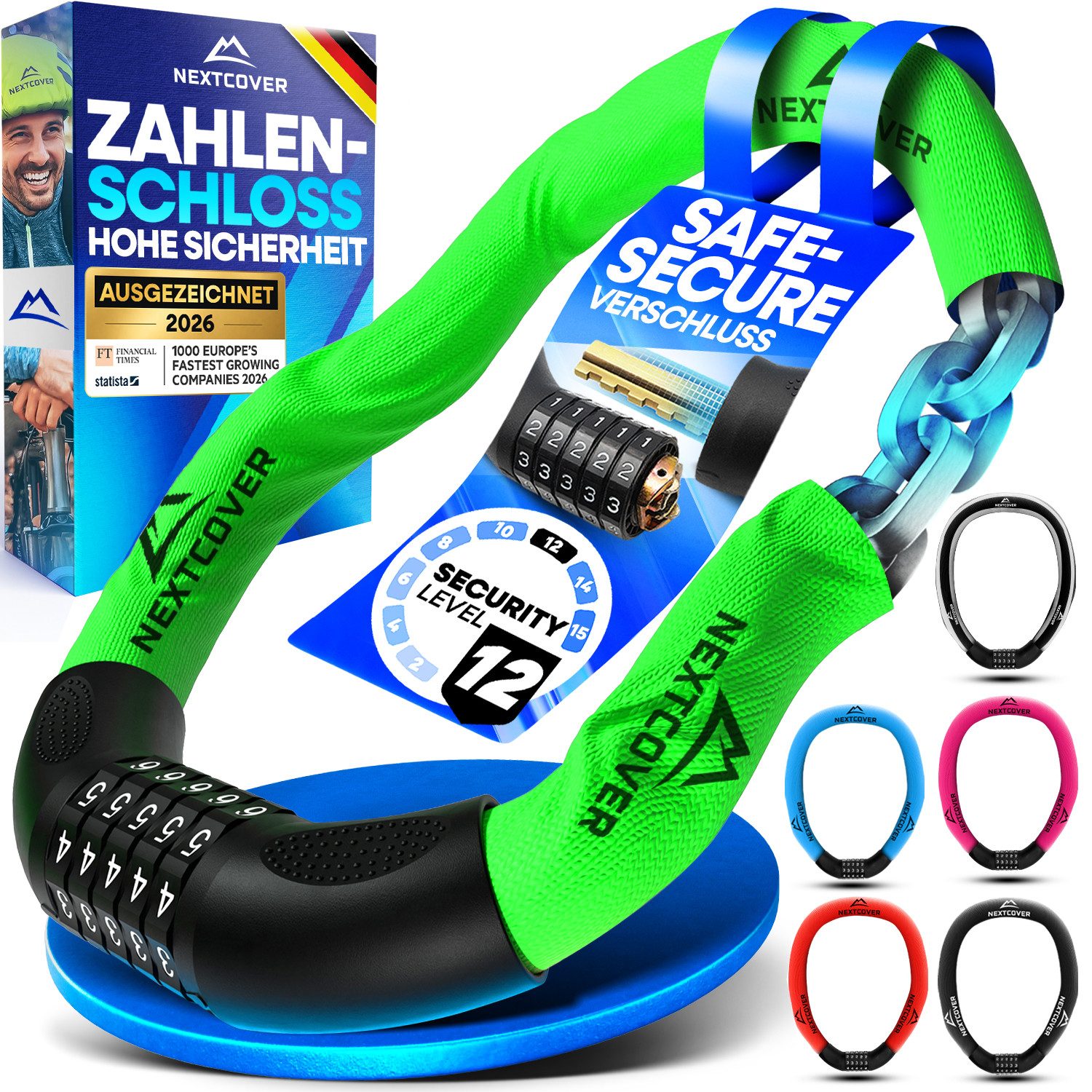 Nextcover Kettenschloss Fahrradschloss mit Zahlencode - Sicherheitsverschluss