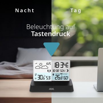 ADE Digitale Wetterstation Funk mit Außensensor Funkwetterstation (mit Vorhersage, Funkwecker, Beleuchtung, auffällige rahmenlose Optik)