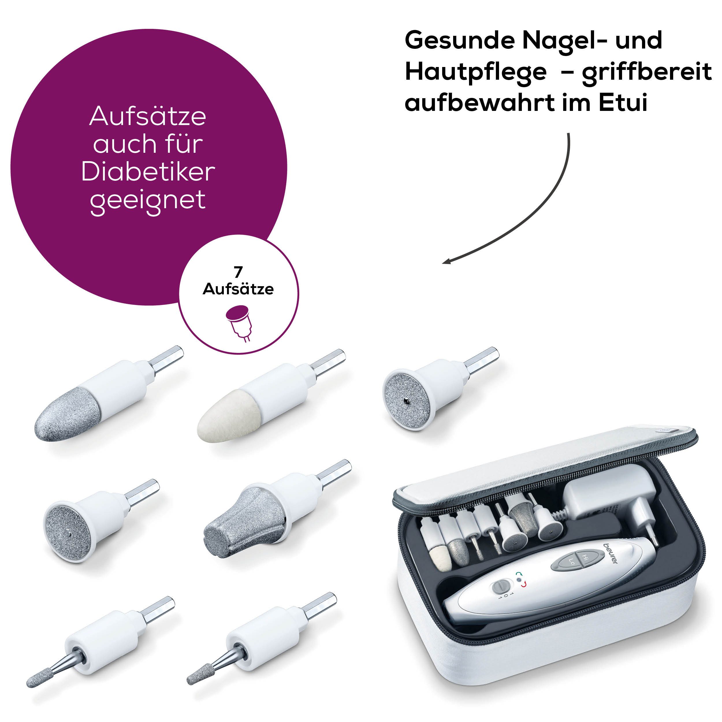 BEURER Maniküre-Pediküre-Set MP 41 elektrische Nagelfeile, für gepflegte Hände und Füße zuhause, Inkl. 7 Aufsätze aus Saphir und Filz, mit LED-Licht und Etui