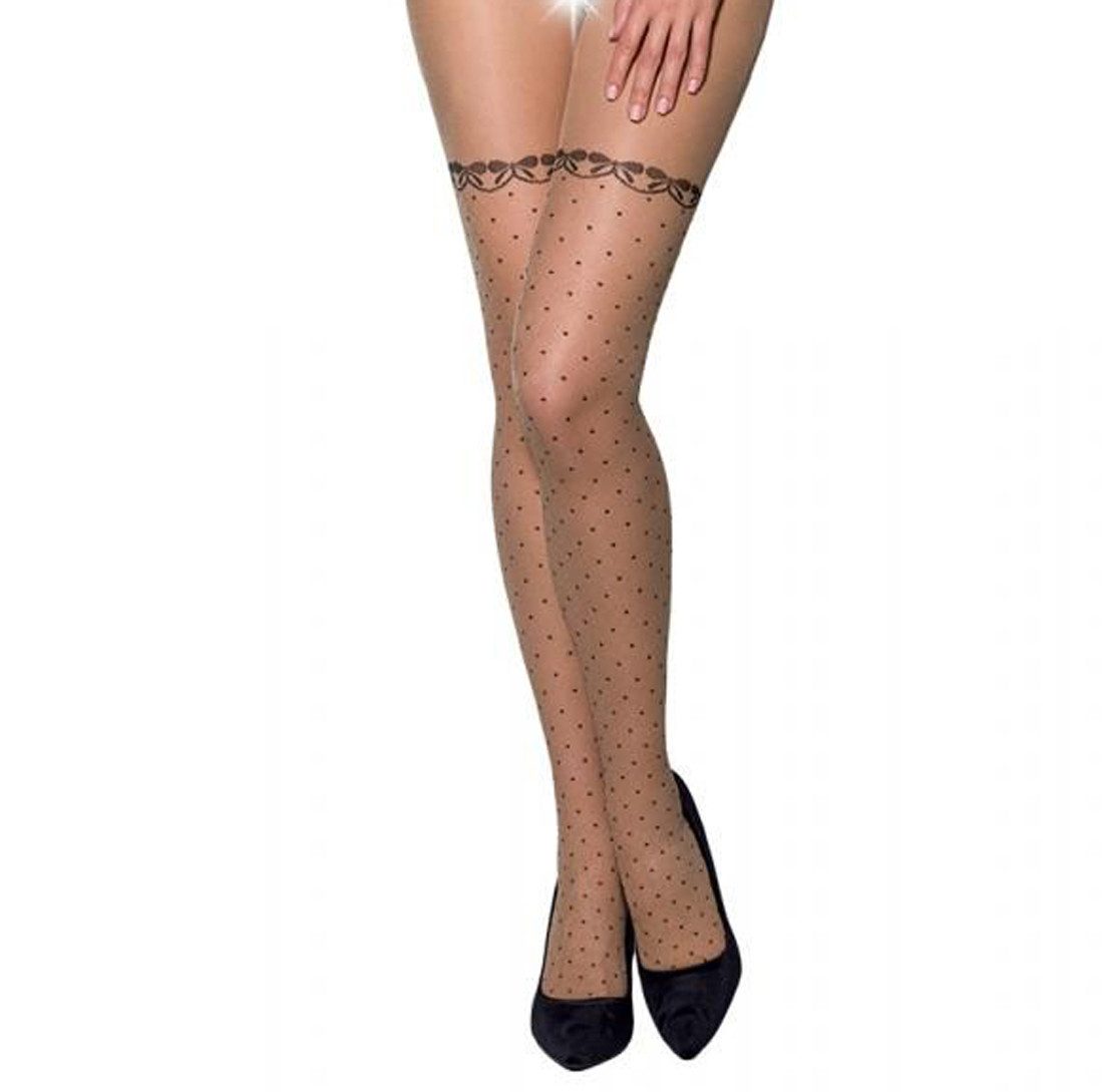 Ouvert Strumpfhose Damen Dessous ouvert Strumpfhose beige mit Overknee-Look und Muster im