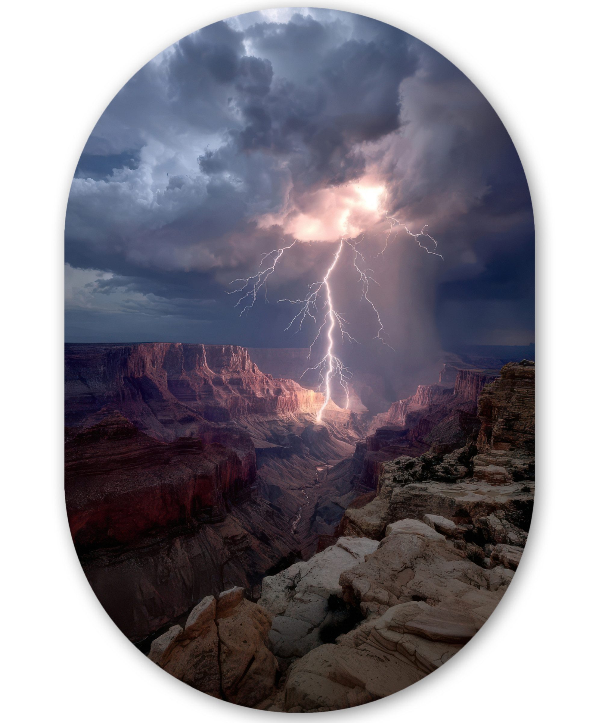 MuchoWow Gemälde Blitze - Wolken - Schlucht, Fotodruck (1 St), Wandbild Oval, Wohnzimmer oder Schlafzimmer Wanddekoration, 40x60 cm