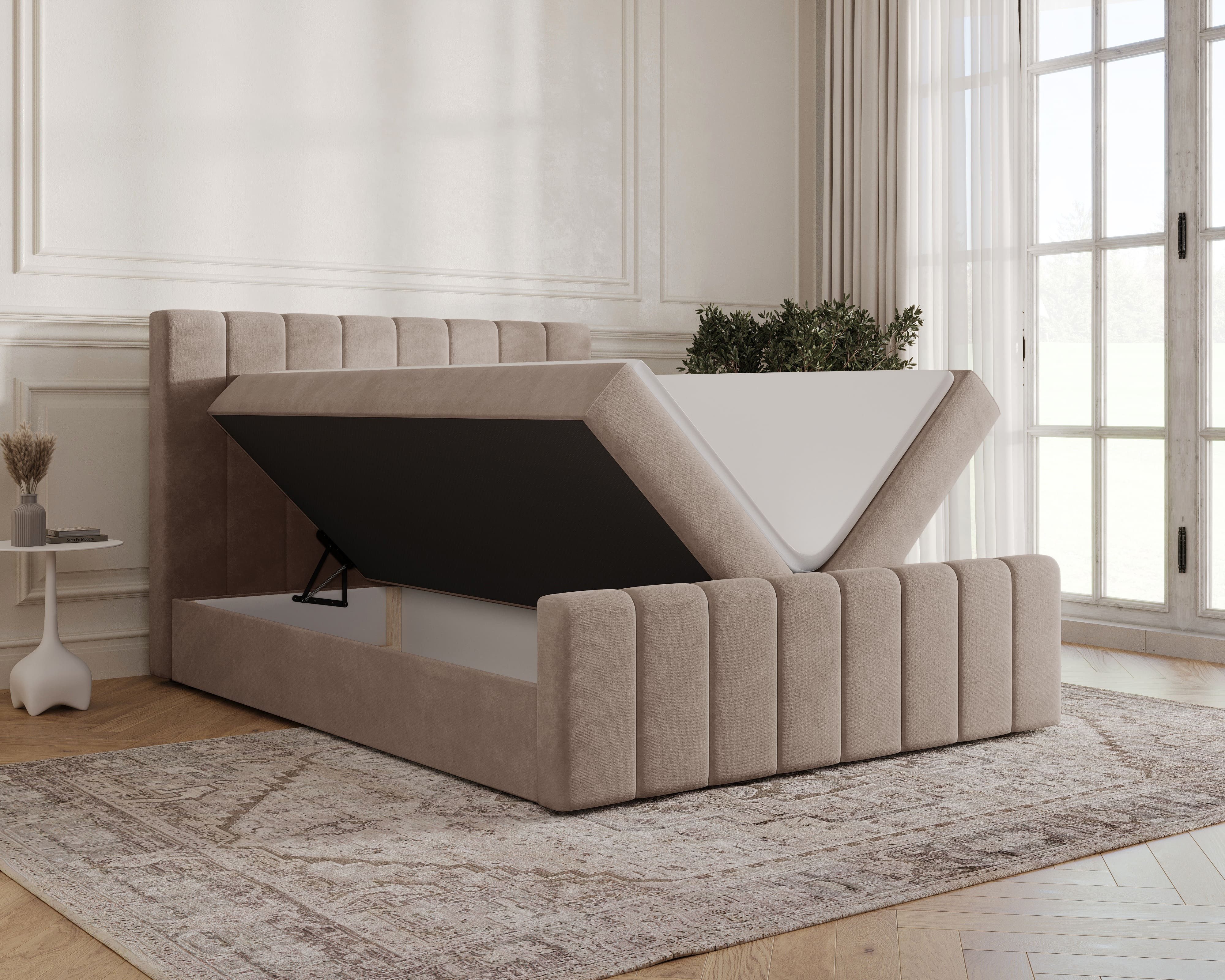 MOEBLO Boxbett BETT 01 BIS (Bonell, Topper, modernes Velours-Design mit Steppung & Stauraum, Doppelbett gepolstertes Kopfteil mit Bettkasten, aus Samt, Polsterbett Kontinentalbett, dekorativem Kopfteil, aus Samt), - (BxHxT):144/164/184x113x223 cm