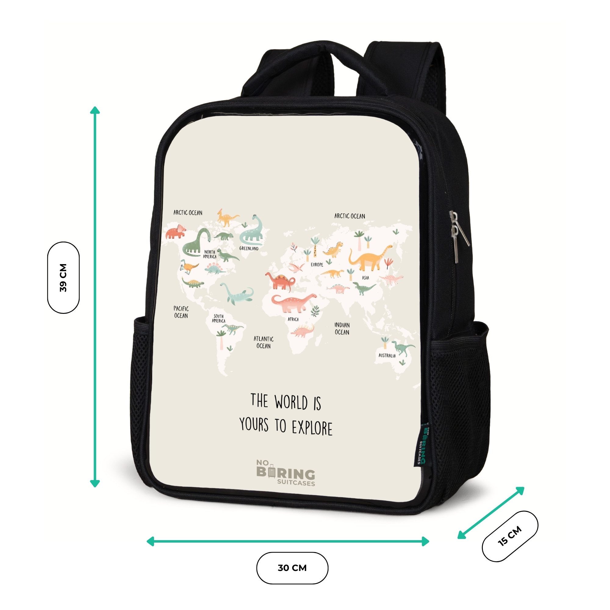 NoBoringSuitcases.com© Rucksack Dino-Weltkarte, Kinderrucksack Schwarz, Schulrucksack, Freizeitrucksack Jungen Mädchen