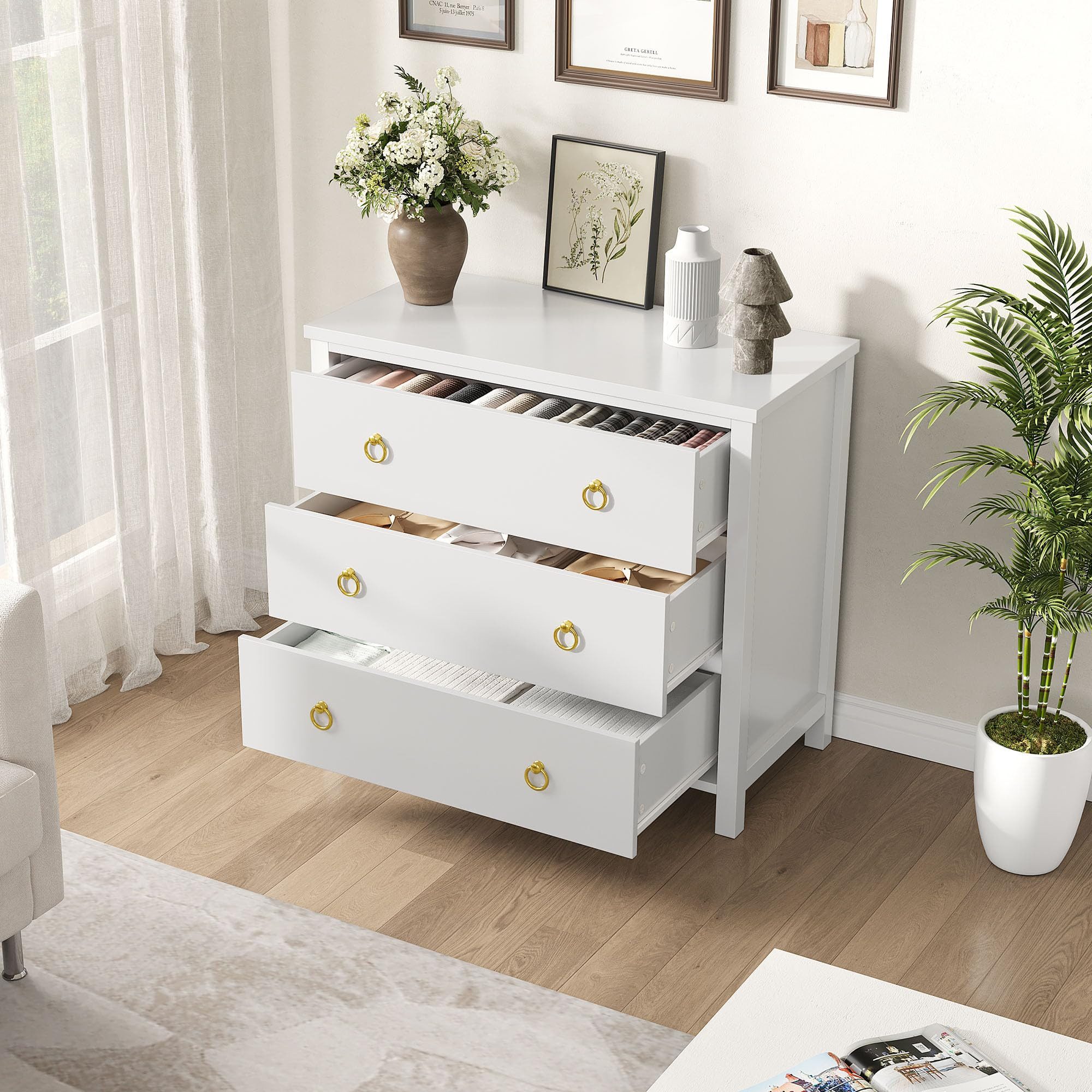 GarveeMore Kommode Kommode mit 3 Schubladen glatte Front Schubkastenkommode Nachtkommode, Sideboard Anrichte Moderne Mini-Kommode einfache Montage Stauraum
