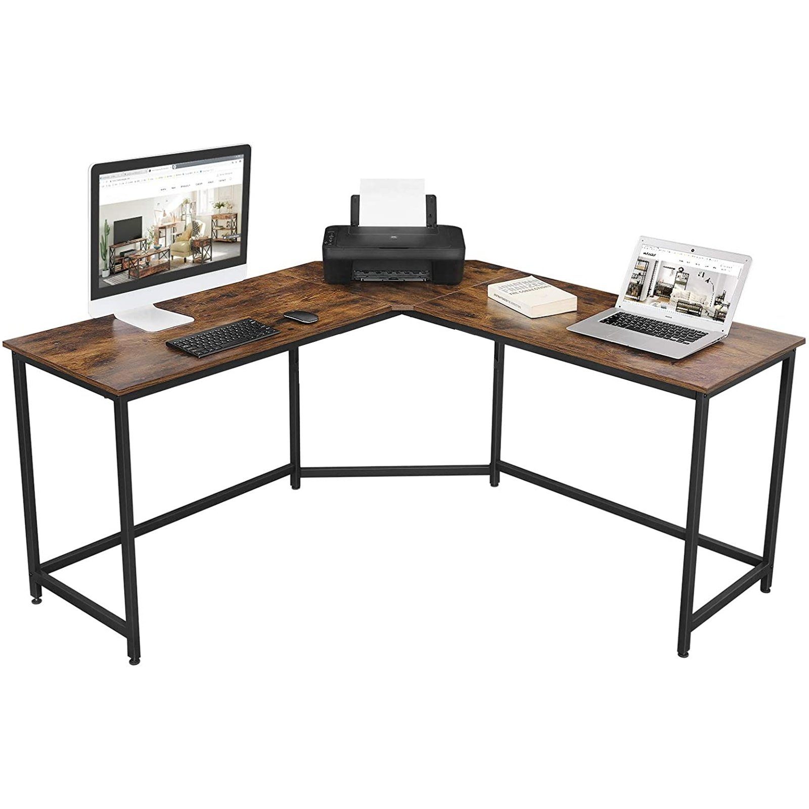 Arbeitstisch Office, L PC - VENDOMNIA Eckschreibtisch Metall industrial für Braun, Laptop Vintage Form Büro, Bürotisch, Tisch) Home (135x50 Design, und Retro Schwarz Computertisch, aus cm,