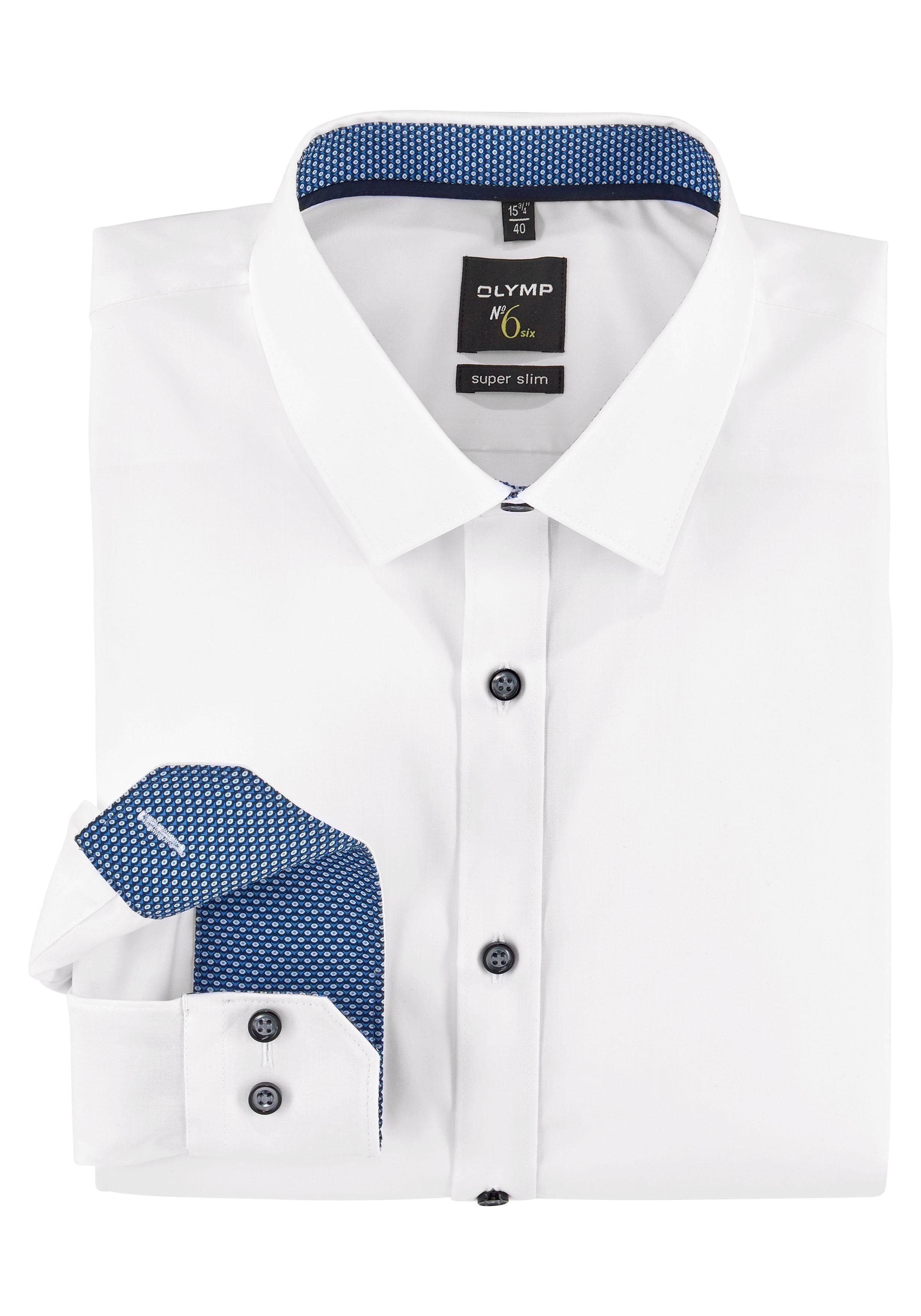 OLYMP Businesshemd No. Six super slim weiß-blau-kontrastfarbene Details