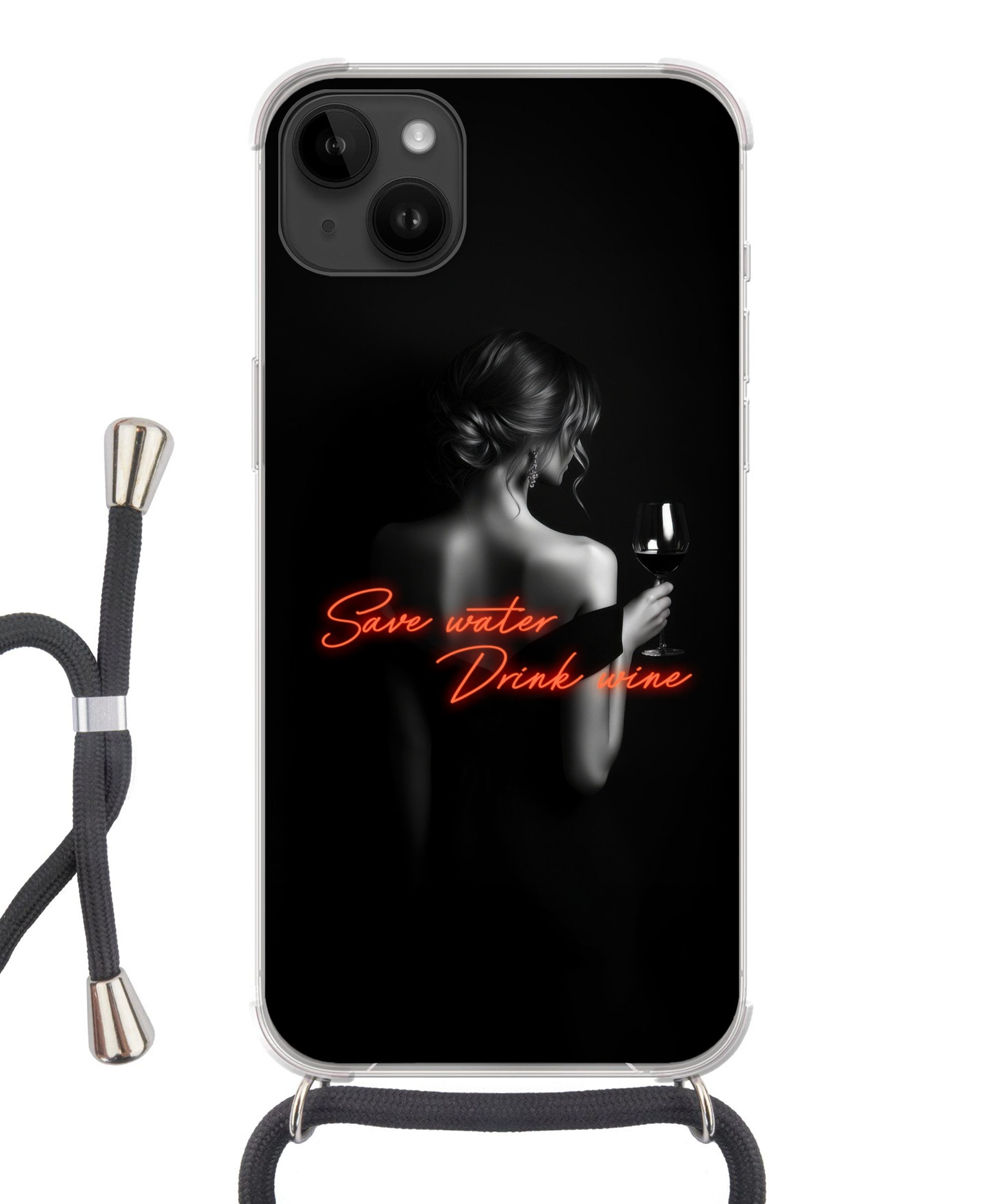 MuchoWow Handyhülle für Apple iPhone 14 Max Wein - Frau - Neon - Zitat, Tragbare Handyhüllen mit Kette zum umhängen, Handykette Handyband