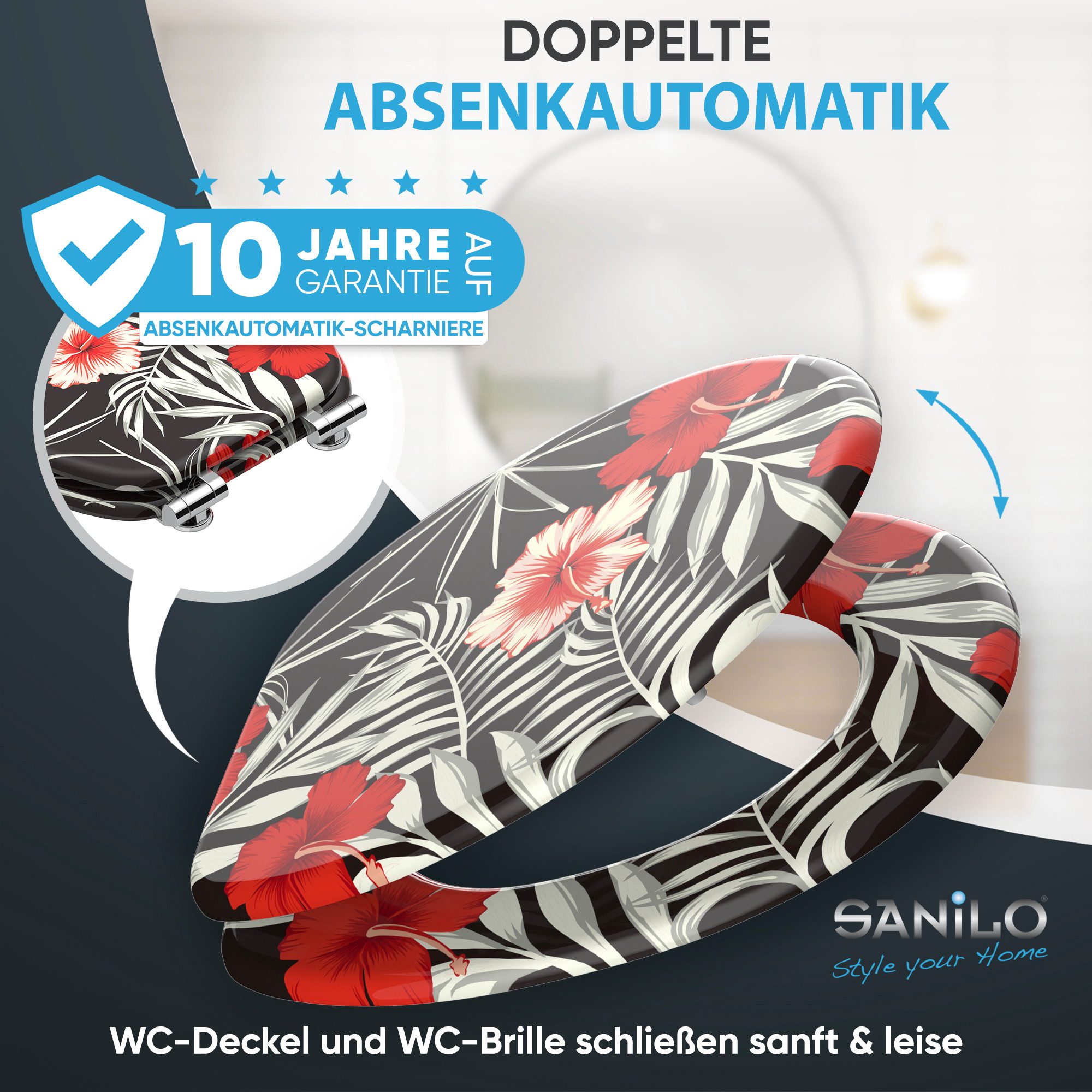 Sanilo WC-Sitz Hibisca mit Absenkautomatik, Toilettendeckel direkt vom Hersteller, hochwertig & modern mit Motiv, universell, leichte Montage