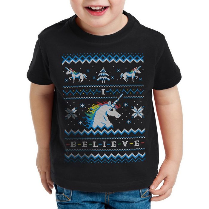 style3 Print-Shirt Kinder T-Shirt Believe Einhorn Ugly Sweater fantasie rainbow x-mas pulli weihnachten
