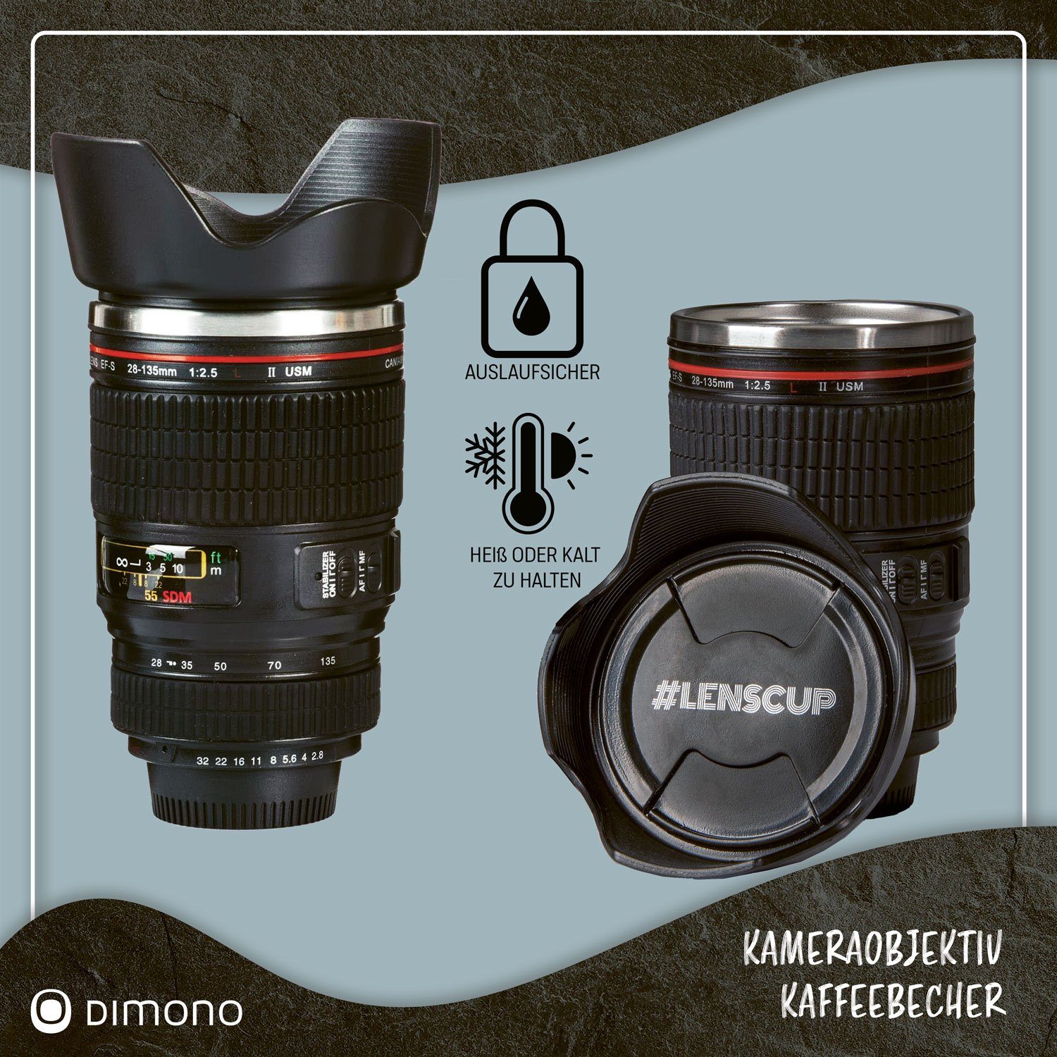 Goods+Gadgets Tasse Kamera Objektiv Thermobecher – Kaffee-Tasse für Fotografen & unterwegs, Edelstahl, Kaffee to-go Becher 300 ml