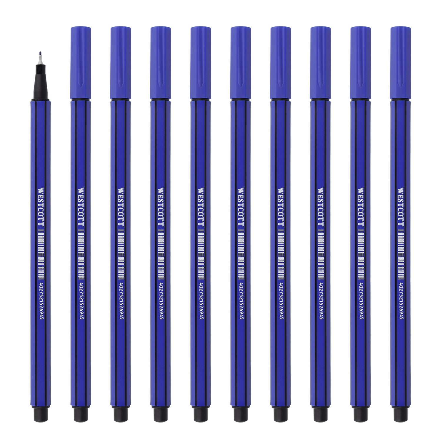 WESTCOTT Fineliner blau 10 Stück, Premium Fineliner mit 0,4mm Strichstärke, (Vorteilspack, 10-tlg), Präzise Strichführung, metalleingefasste Spitze, schnelltrocknend