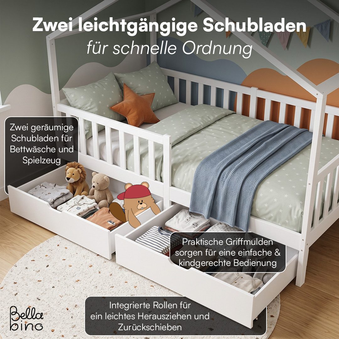 Bellabino Kinderbett Bia mit Rausfallschutz & Lattenrost (weiß, mit zwei Schubladen und Matratze), Kinderbett aus Kiefernholz, verfügbar in 80x160/90/120/140x20 – Bild 4 von 5