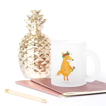 Mr. & Mrs. Panda Teeglas Fuchs Blumen - Transparent - Geschenk, Blumenkranz, Glas Teetasse, Te, Premium Glas, Satinierte Oberfläche