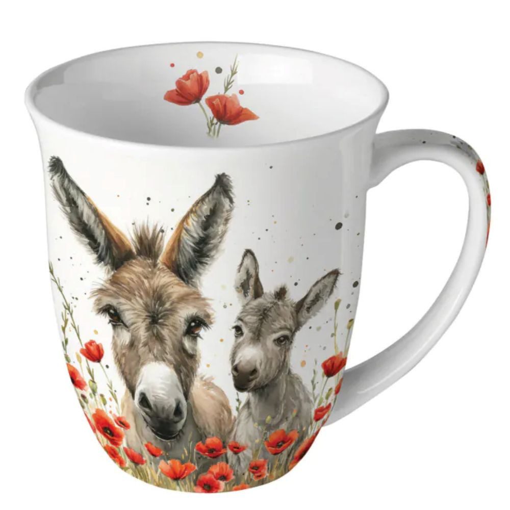 Ambiente Luxury Paper Products Becher Sommer Porzellan Tasse -Mug Tiere, Blumen, Frühling Herbst Winter, 1-tlg., Porzellan Tasse ca. 400ml, Freundschaft, Mohnblumen, Esel und Eselfohlen - Blumen - Pflanzen, Tiere, Mutter und Kind Kollektion, Herbst - Pflanzen Tee/Kaffee - Ideal Als Geschenk